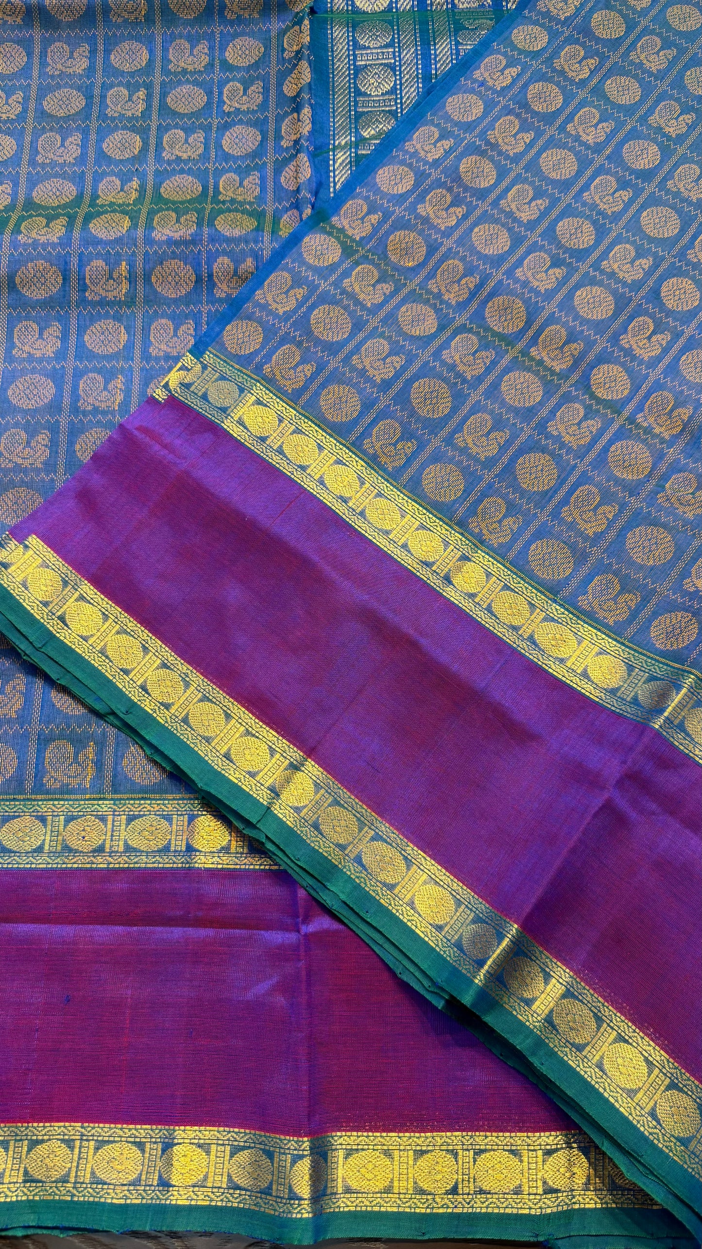 PEACOCK BLUE WITH PURPLE KATTAM HANDLOOM KANCHIPURAM SILK COTTON (KSC138)