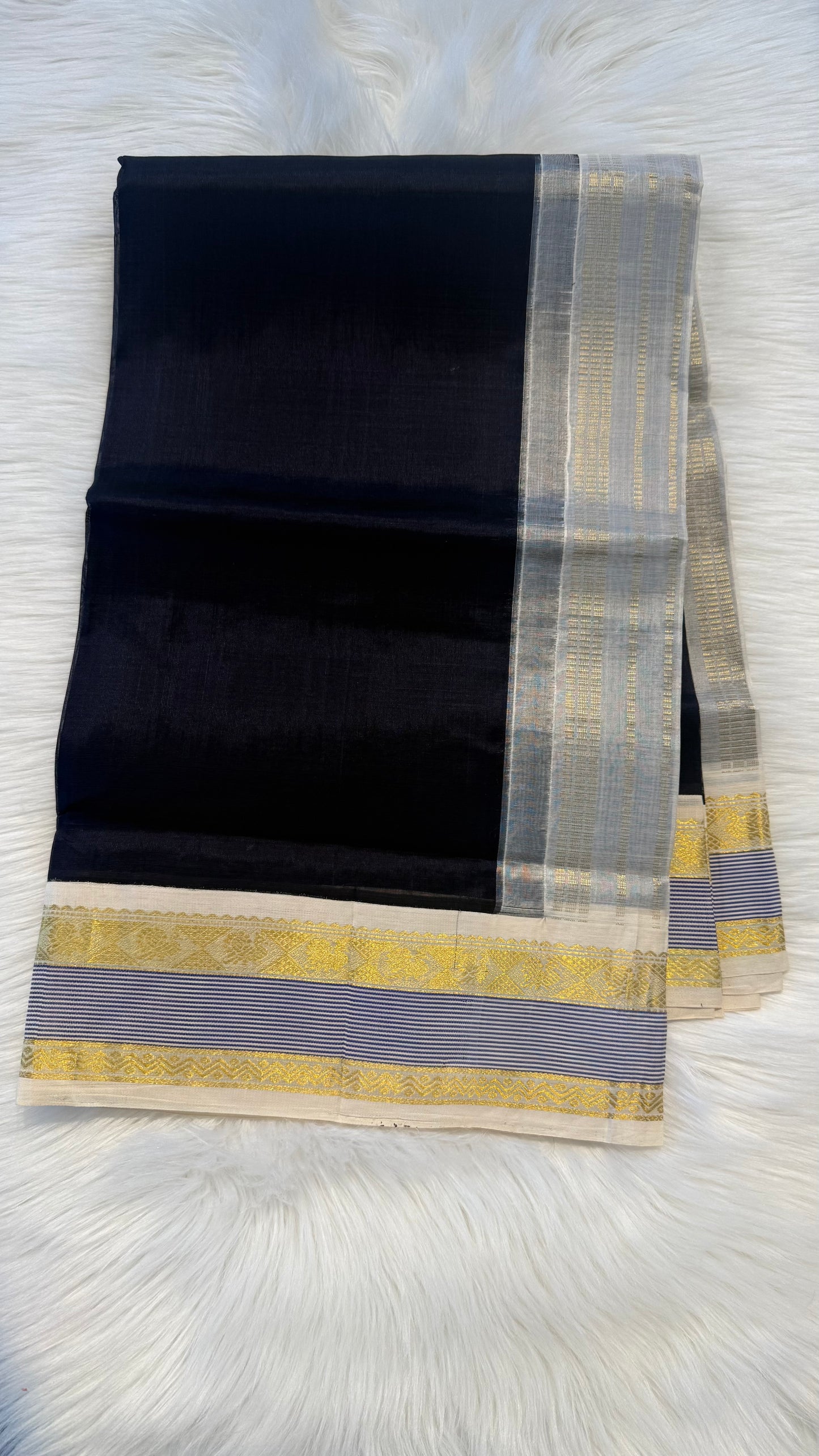 NAVY BLUE WITH CONTRAST WHITE KANCHIPURAM SILK COTTON SAREE (KSC30)
