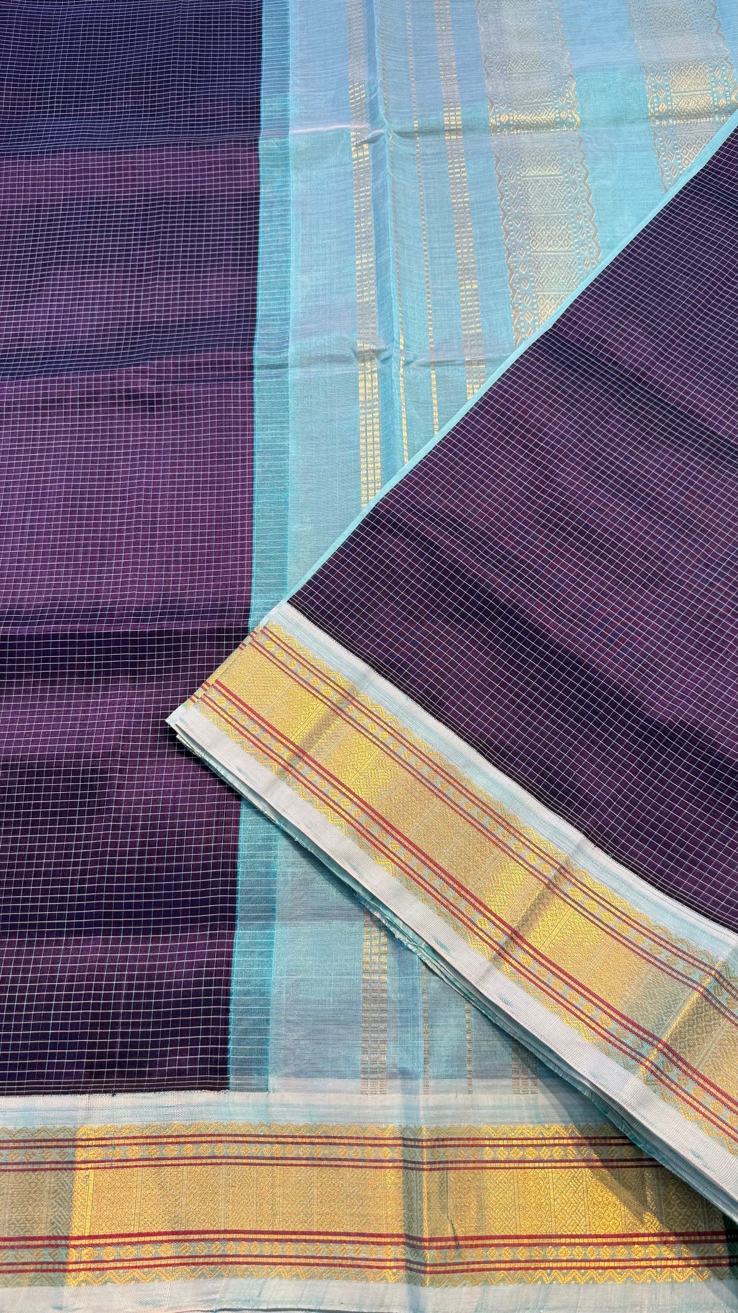 CHECKED PURPLE WITH PASTEL MINT HANDLOOM KANCHIPURAM SILK COTTON (KSC76)