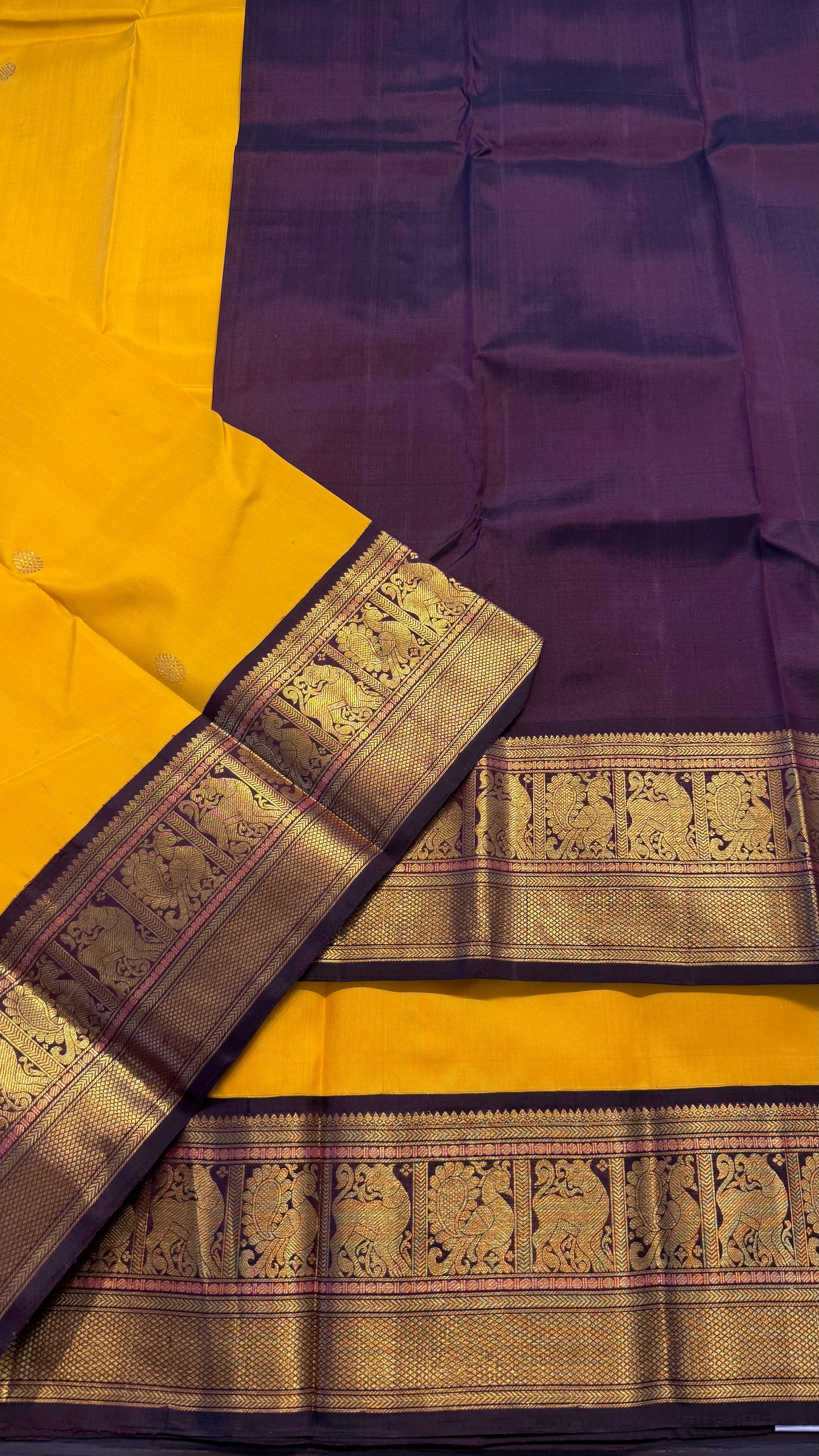 YELLOW WITH CONTRAST PLUM PURPLE GOLD ZARI HANDLOOM KANCHIPURAM SILK SAREE (KSS455)