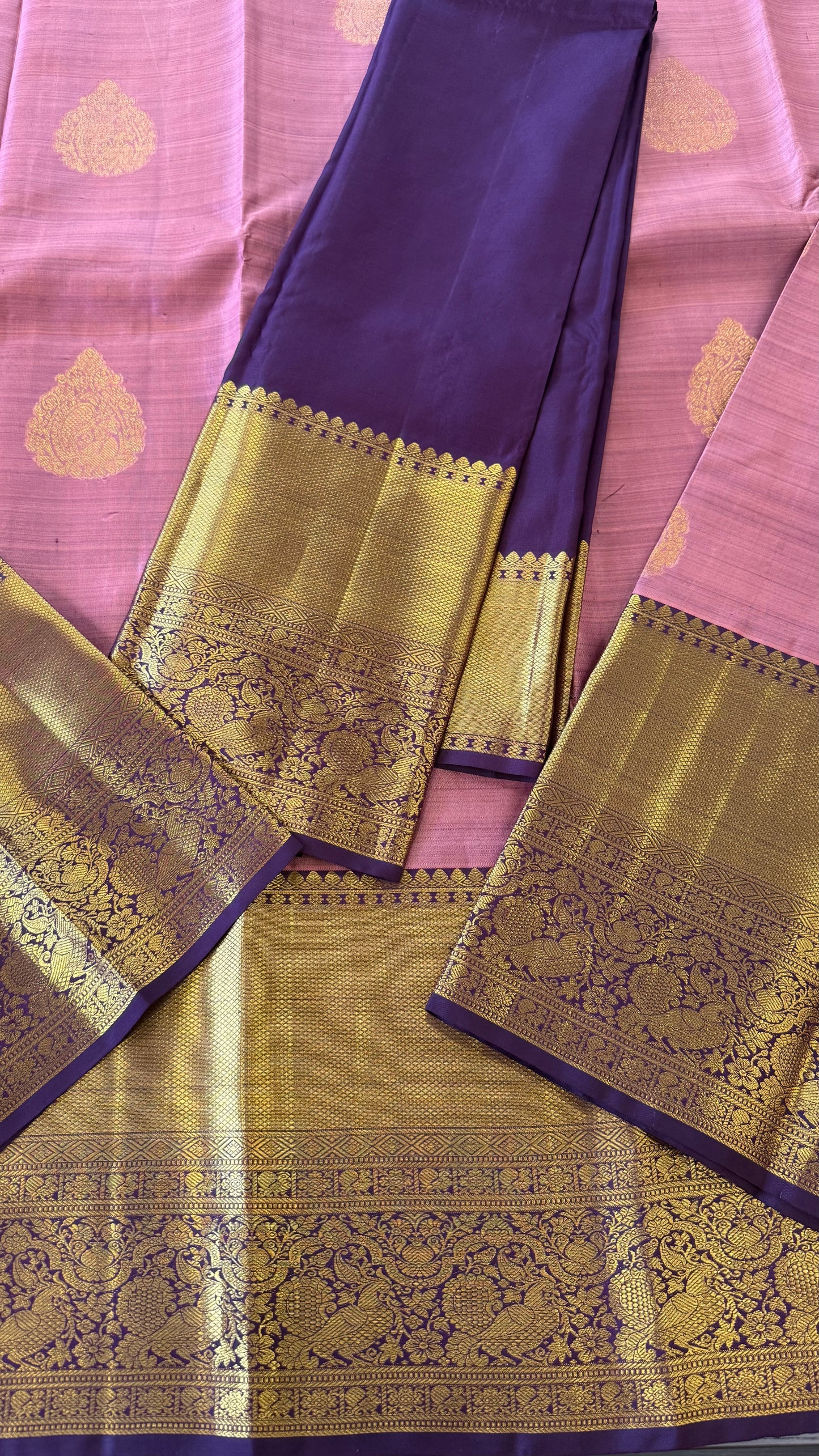 ROSE GOLD WITH CONTARST DARK BYZANTIUM GOLD ZARI HANDLOOM KANICHIPURAM SILK SAREE (KSS58)