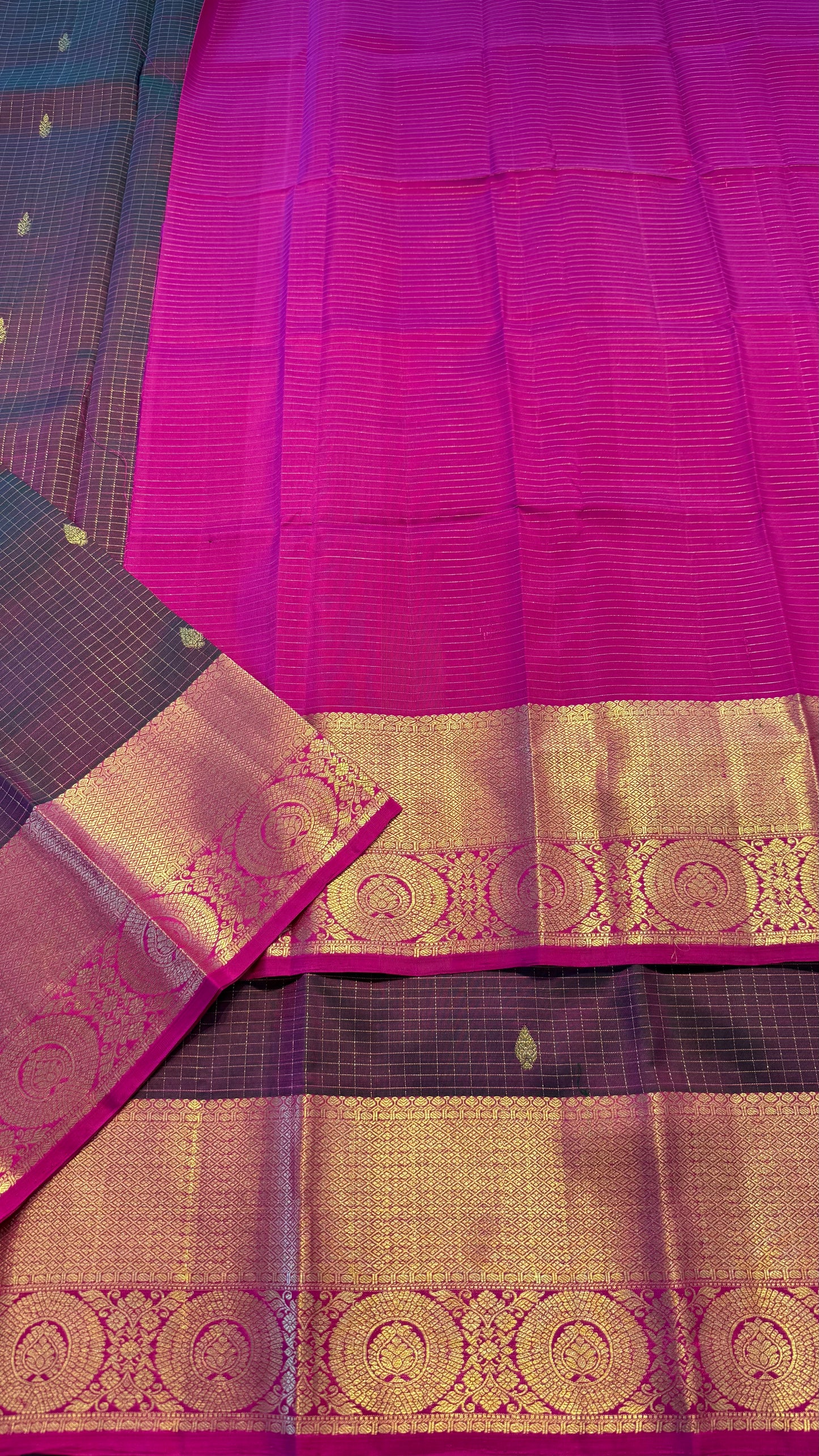 DUAL TONE GREEN PURPLE WITH CONTRAST PINK GOLD ZARI HANDLOOM KANCHIPURAM SILK SAREE (KSS283)