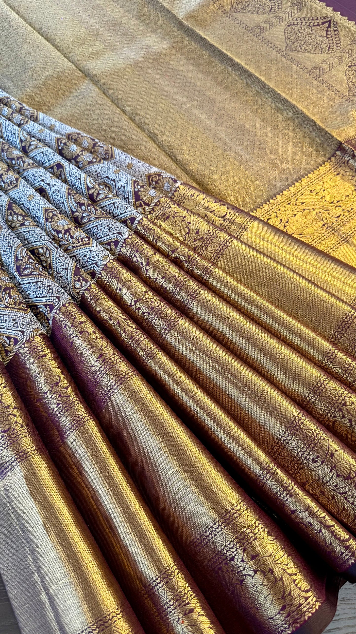 DARK RAISIN GOLD & SILVER ZARI BRIDAL HANDLOOM KANICHIPURAM SILK SAREE (KSS35)