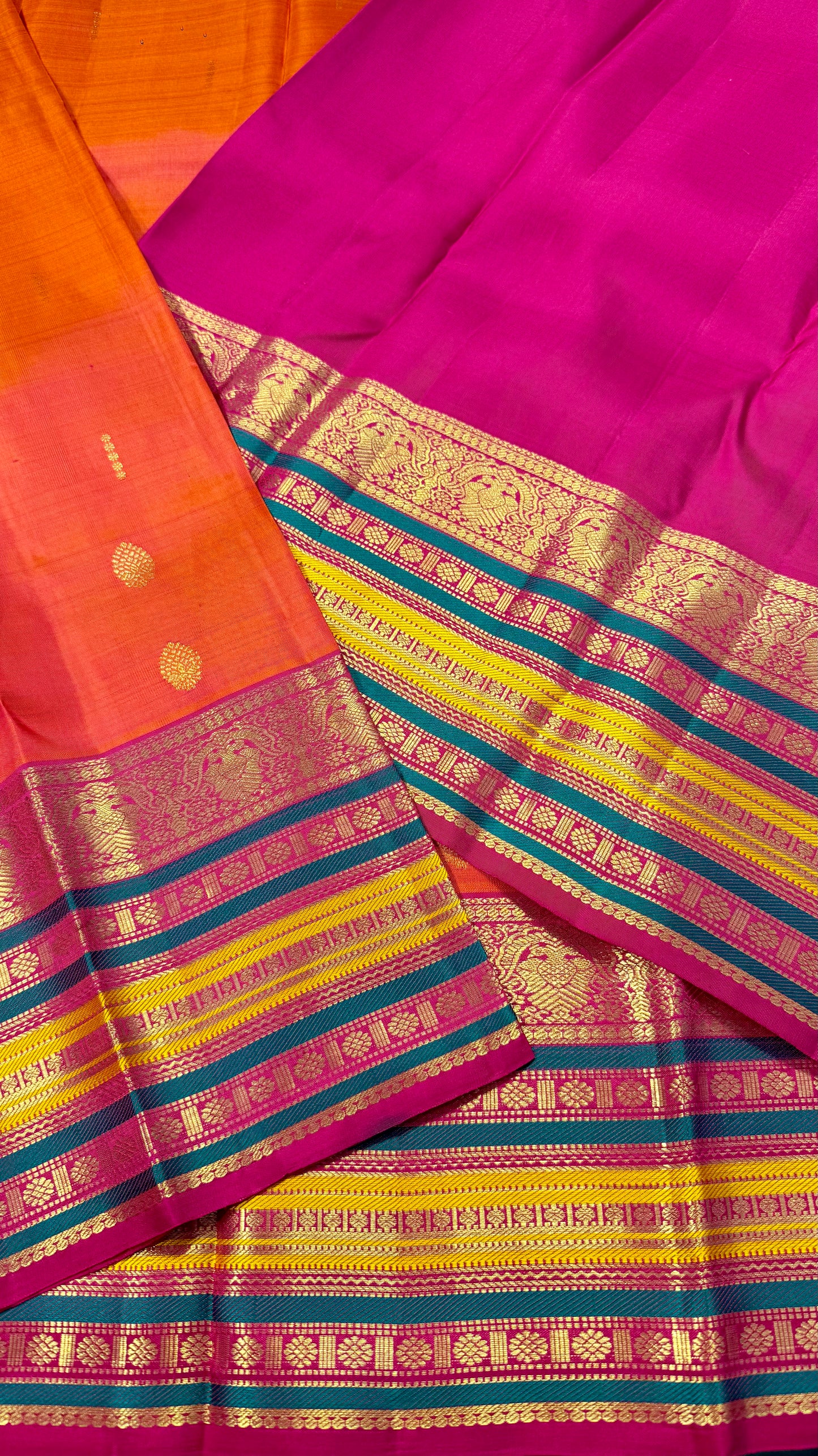 KANAKAMBARAM PINK WITH CONTRAST RANI PINK, TEAL BLUE AND YELLOW BORDER HANDLOOM KANICHIPURAM SILK SAREE (KSS30)