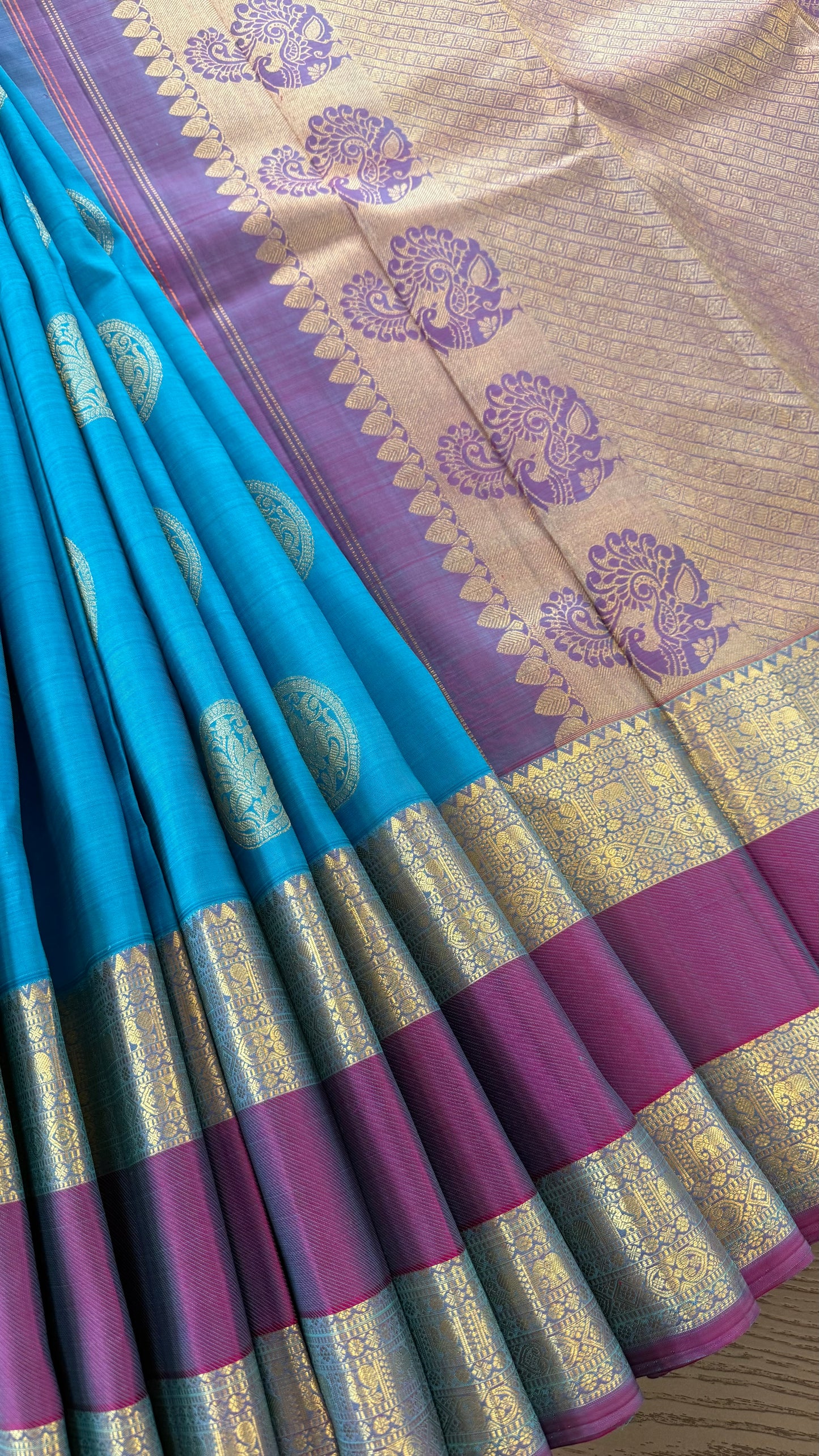 TURQUOISE BLUE WITH CONTRAST PURPLE GOLD ZARI HANDLOOM KANICHIPURAM SILK SAREE (KSS165)