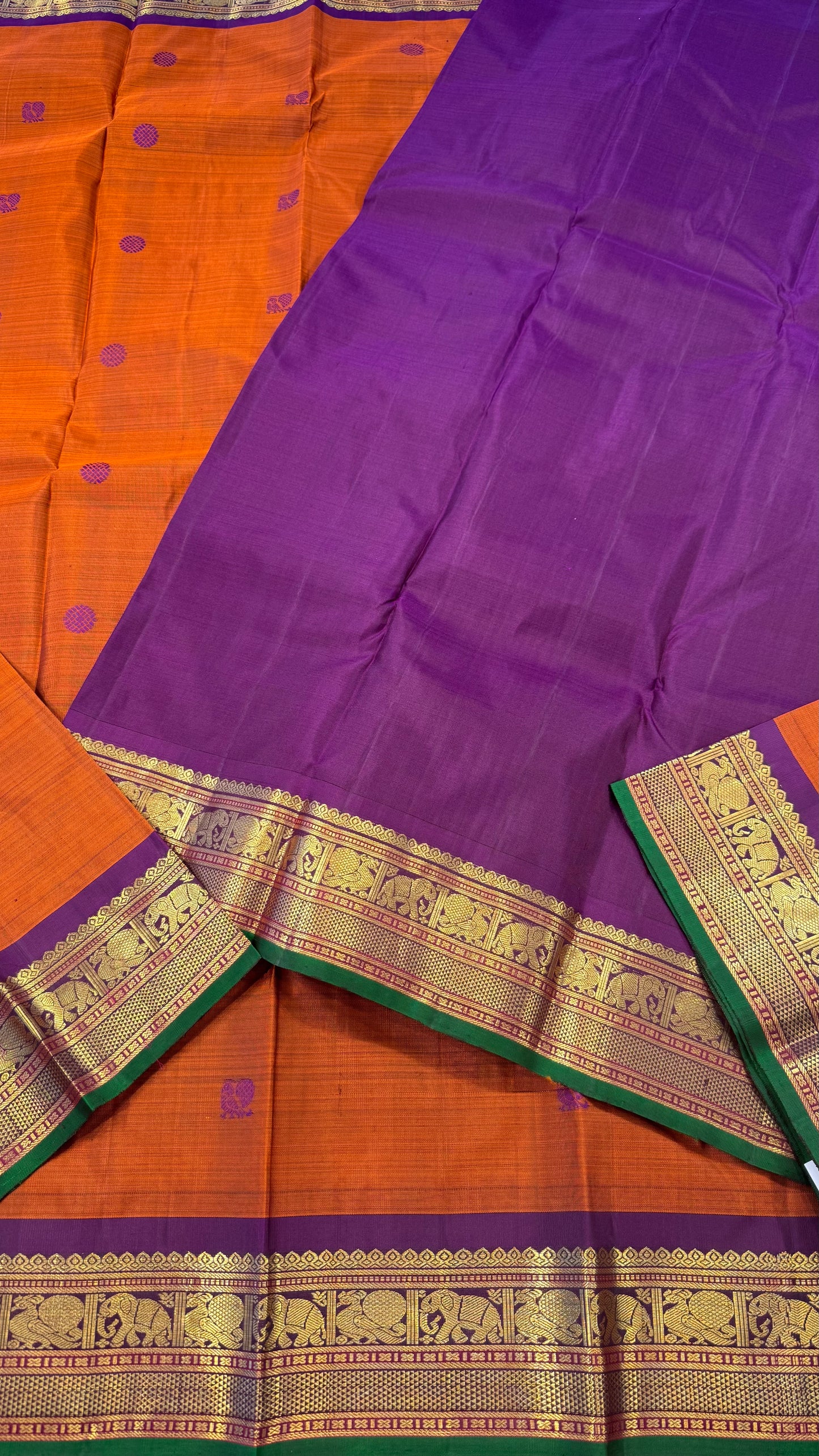 ORANGE WITH CONTRAST PURPLE GOLD ZARI HANDLOOM KANICHIPURAM SILK SAREE (KSS161)