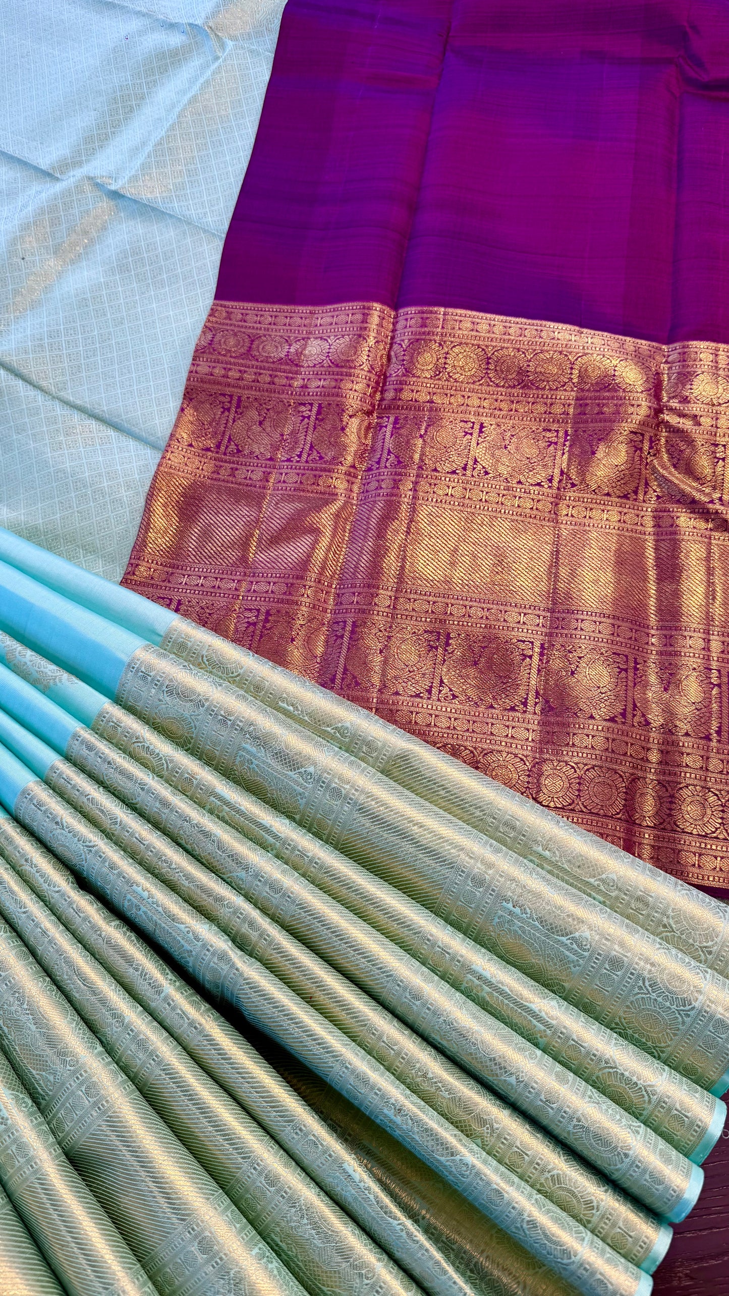 TIFFANY BLUE WITH CONTRAST VADAMALLI PURPLE BLOUSE HANDLOOM KANICHIPURAM SILK SAREE (KSS16)