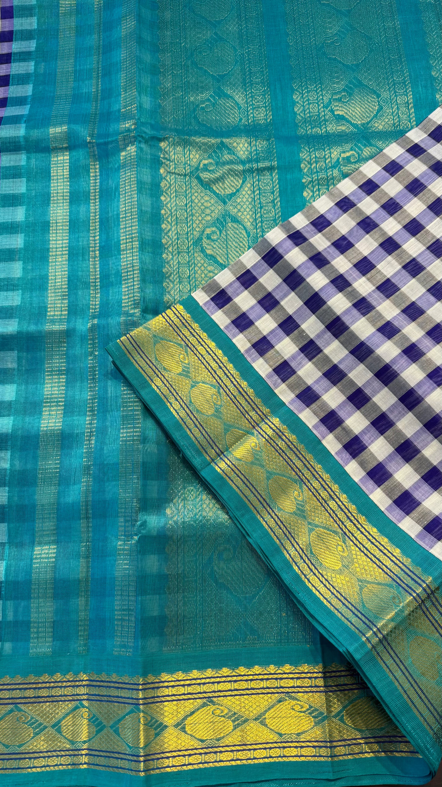 INK BLUE & WHITE KATTAM WITH CONTRAST TURQUIOSE BLUE KANCHIPURAM SILK COTTON (KSC39)