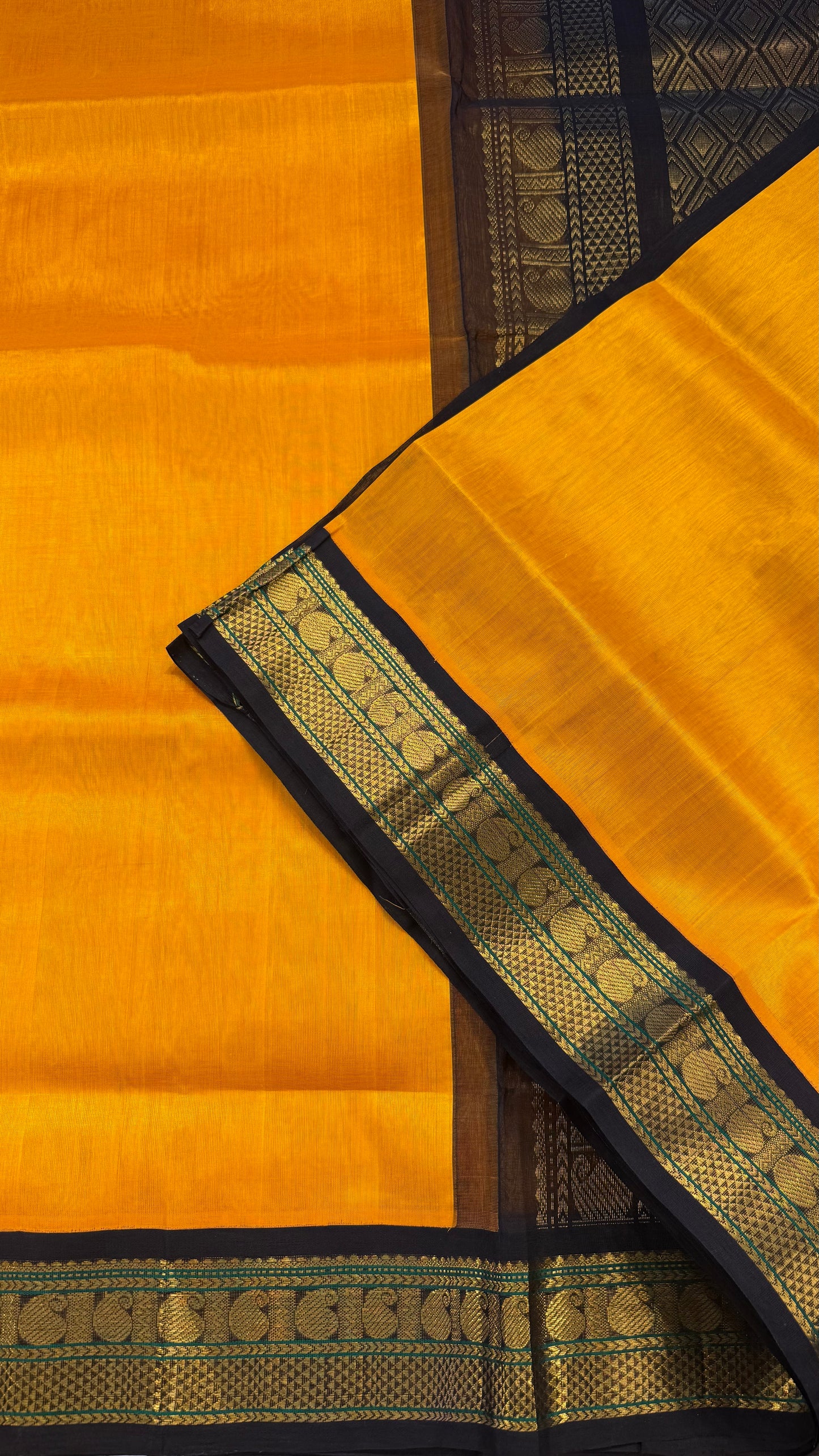 MUSTARD YELLOW WITH BLACK HANDLOOM KANCHIPURAM SILK COTTON (KSC95)
