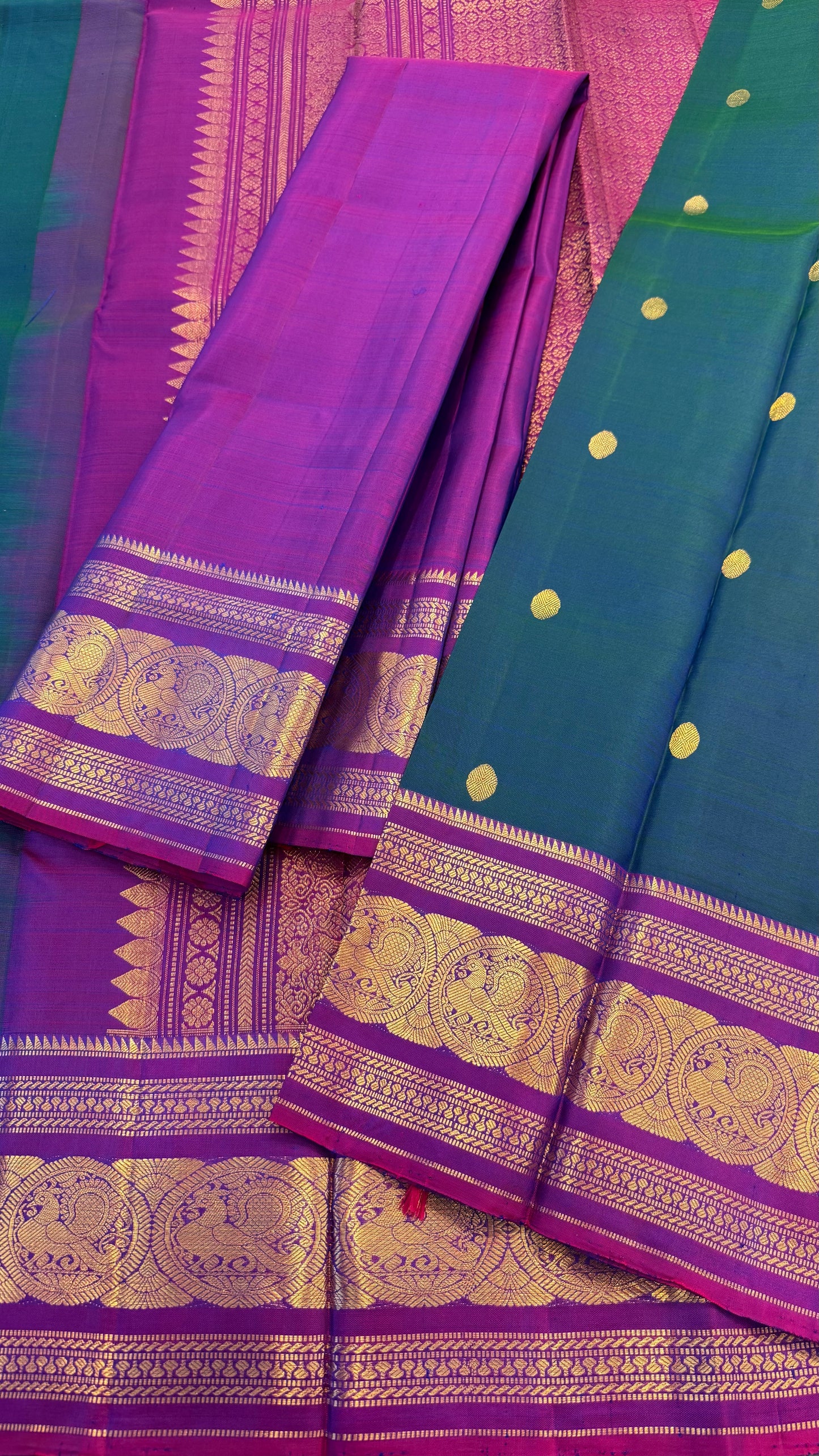 PEACOCK BLUE CONTRAST PURPLE GOLD ZARI HANDLOOM KANICHIPURAM SILK SAREE (KSS188)