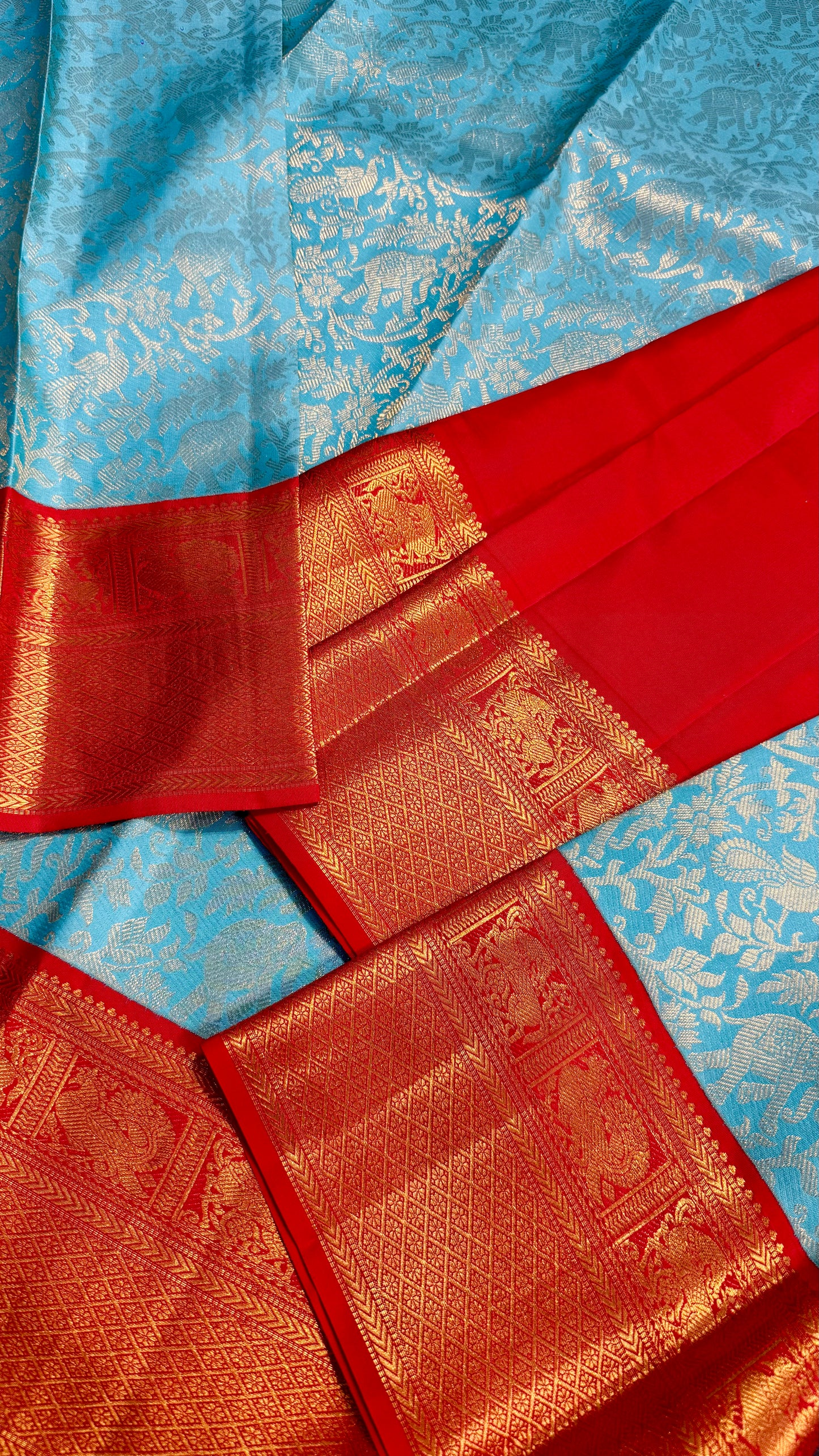 AQUAMARINE BLUE VANASINGARAM WITH CONTRAST CHILI RED HANDLOOM KANICHIPURAM SILK SAREE (KSS31)