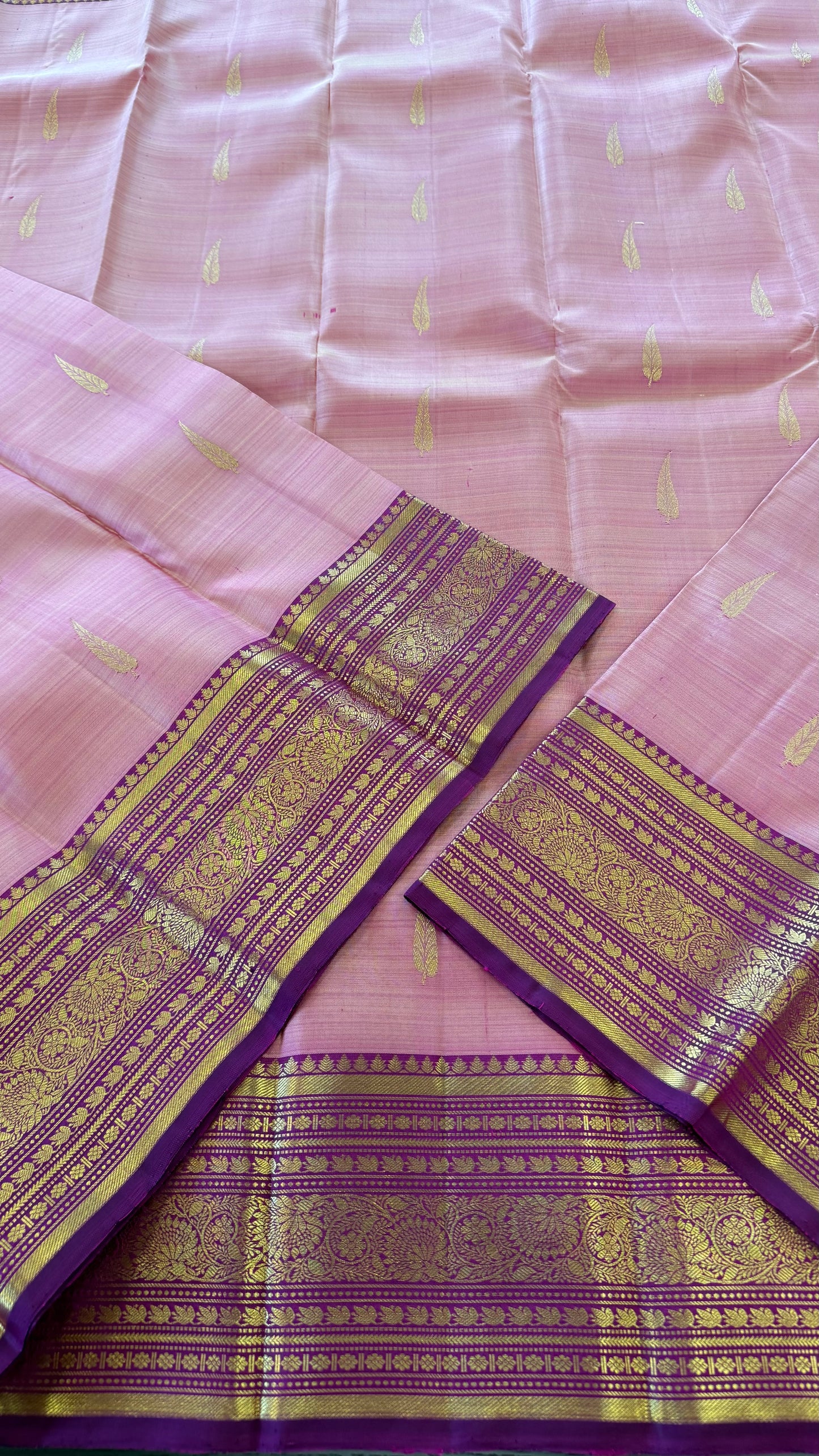 PASTEL PINK WITH PURPLE GOLD ZARI HANDLOOM KANICHIPURAM SILK SAREE (KSS243)