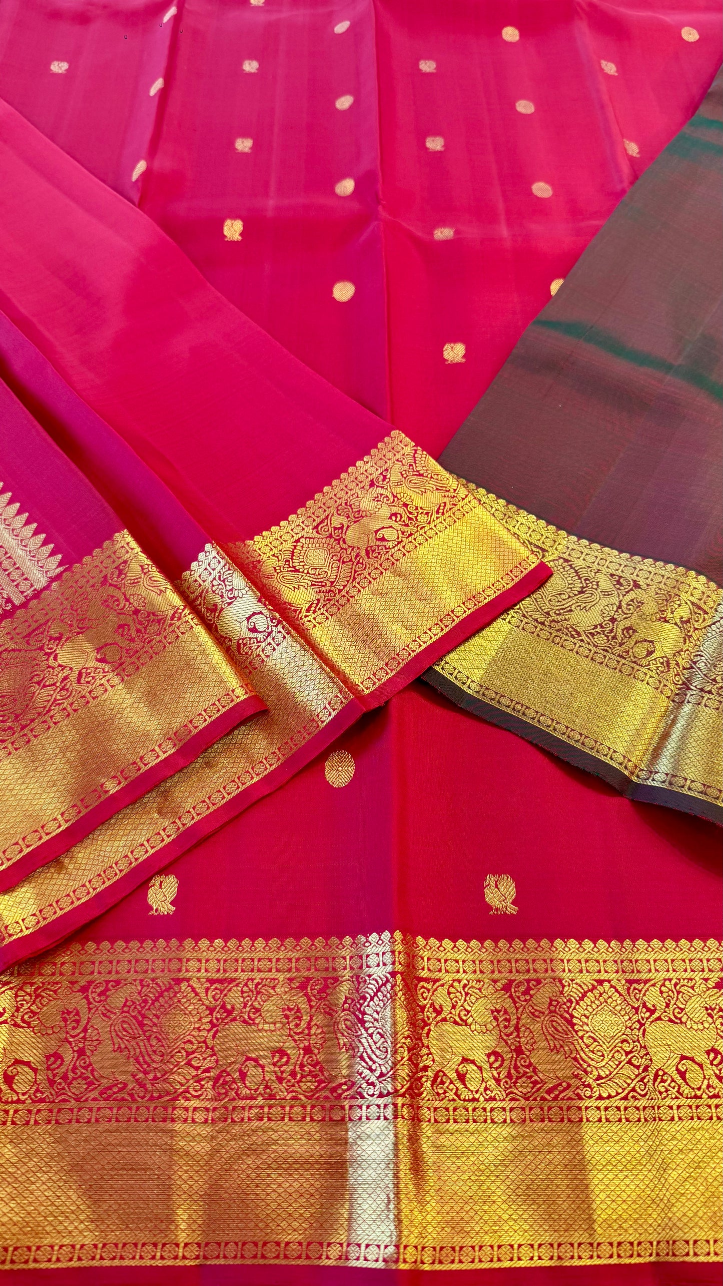 CHILLI RED,DUAL TONE GREEN CONTRAST BLOUSE HANDLOOM KANICHIPURAM SILK SAREE (KSS41)