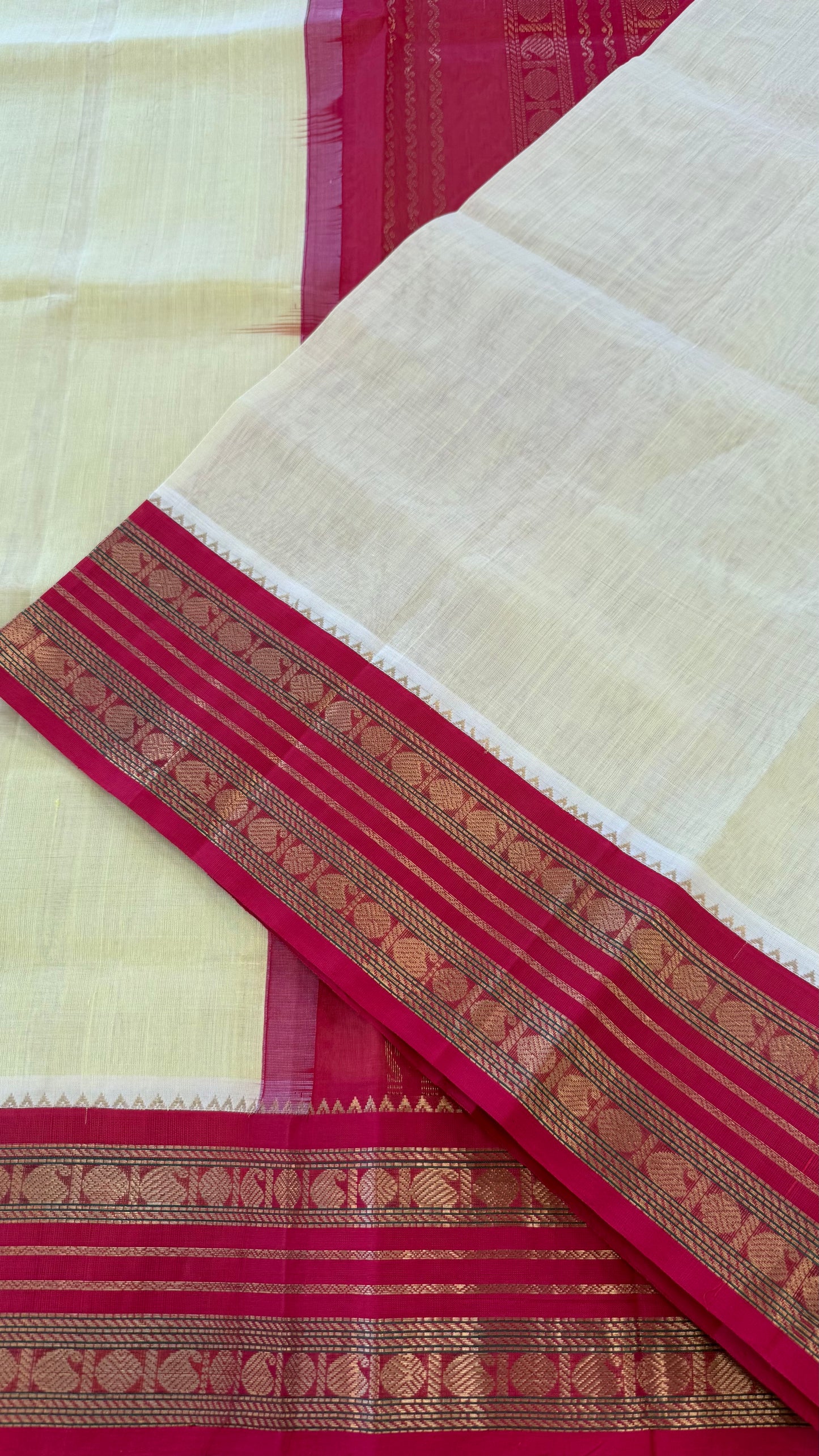 LEMON YELLOW WITH CHILLI RED HANDLOOM KANCHIPURAM SILK COTTON (KSC16)