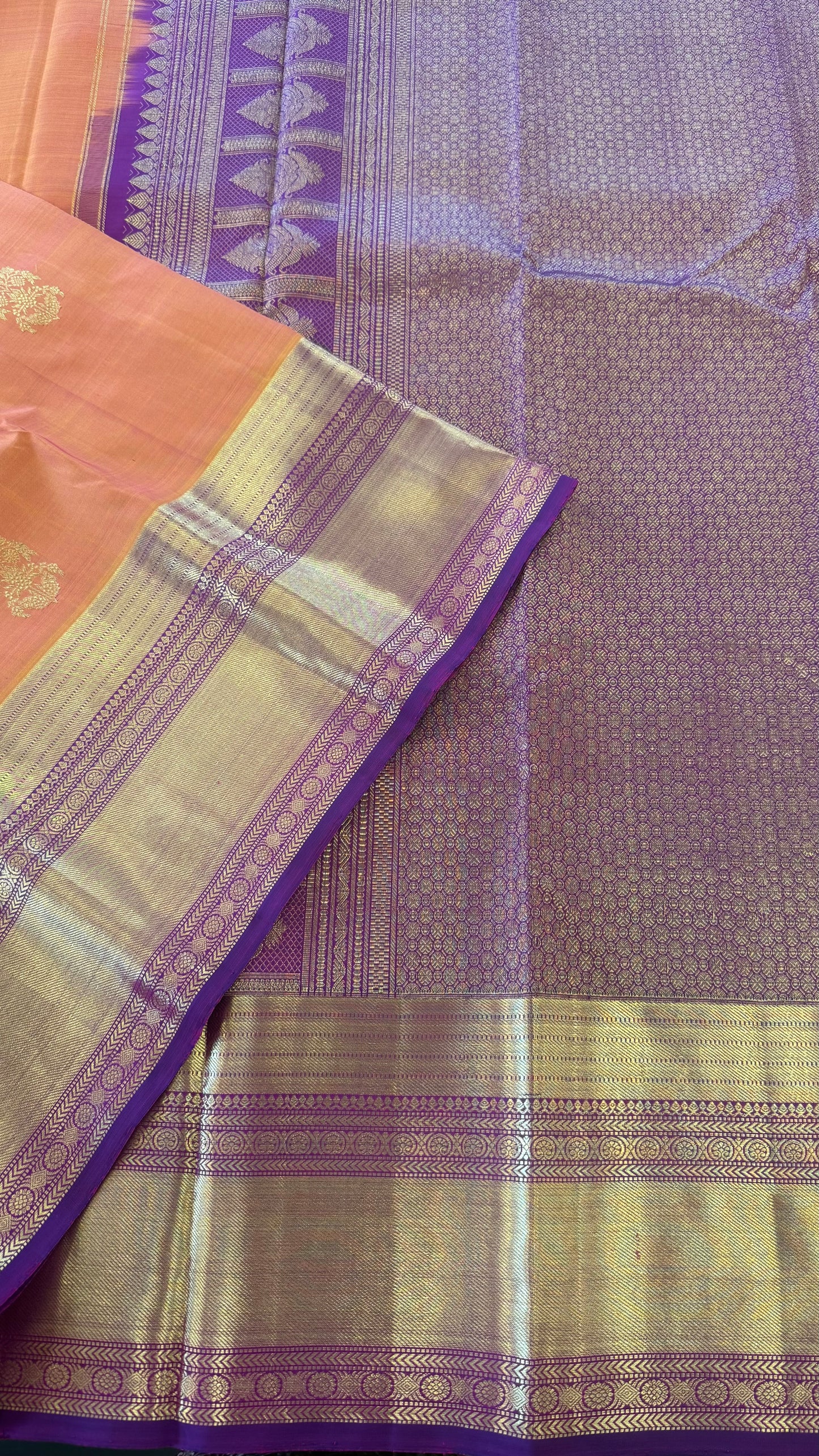 DUAL TONE CARROT WITH CONTRAST VADAMALLI PURPLE GOLD ZARI HANDLOOM KANICHIPURAM SILK SAREE (KSS65)