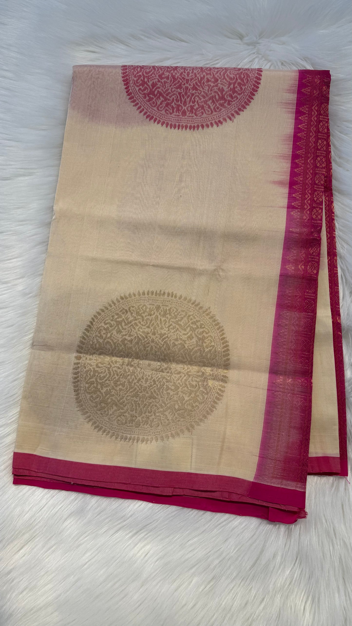 OFF WHITE WITH PINK HANDLOOM KANCHIPURAM SILK COTTON (KSC58)