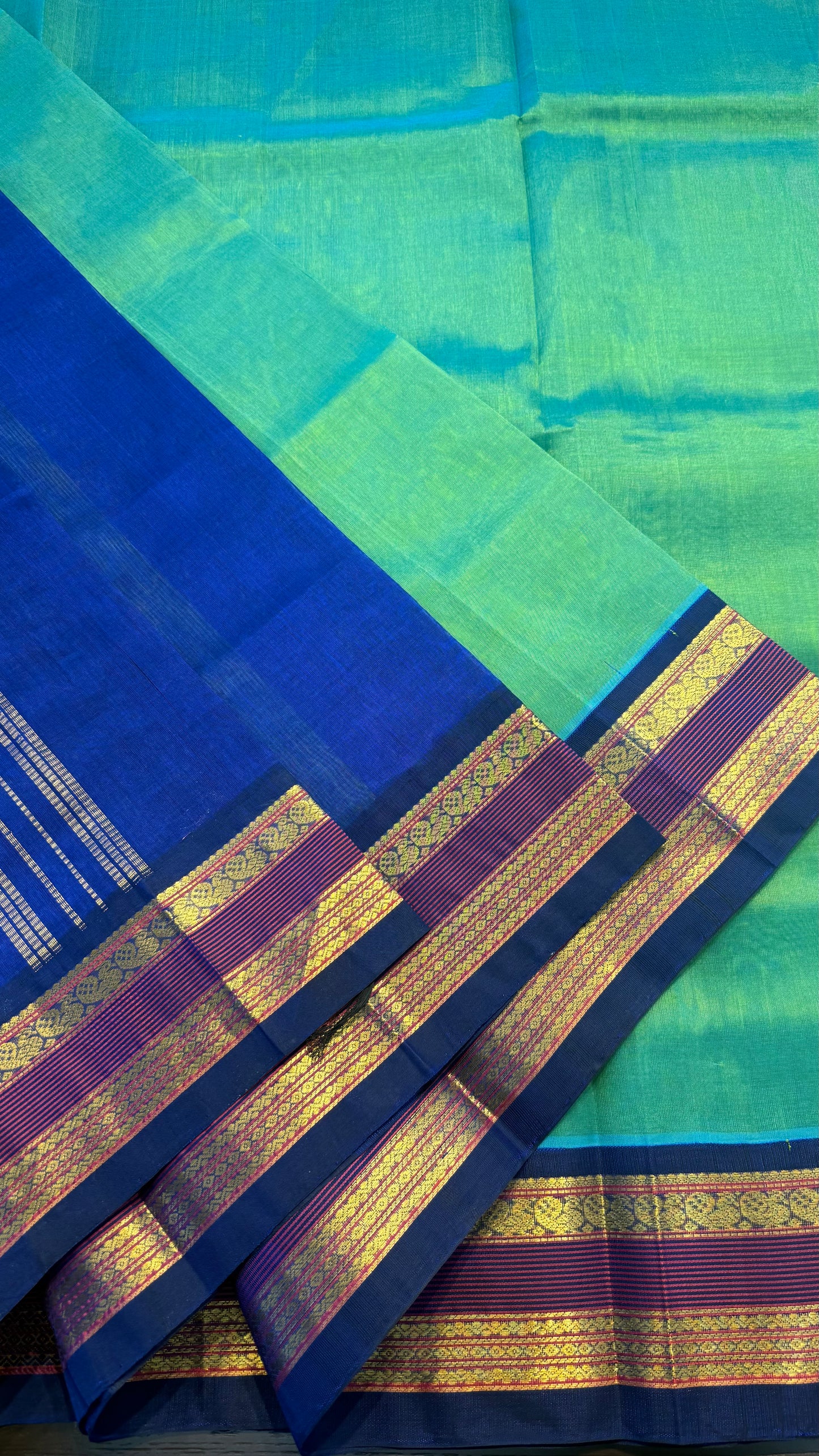 PEACOCK GREEN WITH BLUE HANDLOOM KANCHIPURAM SILK COTTON (KSC67)