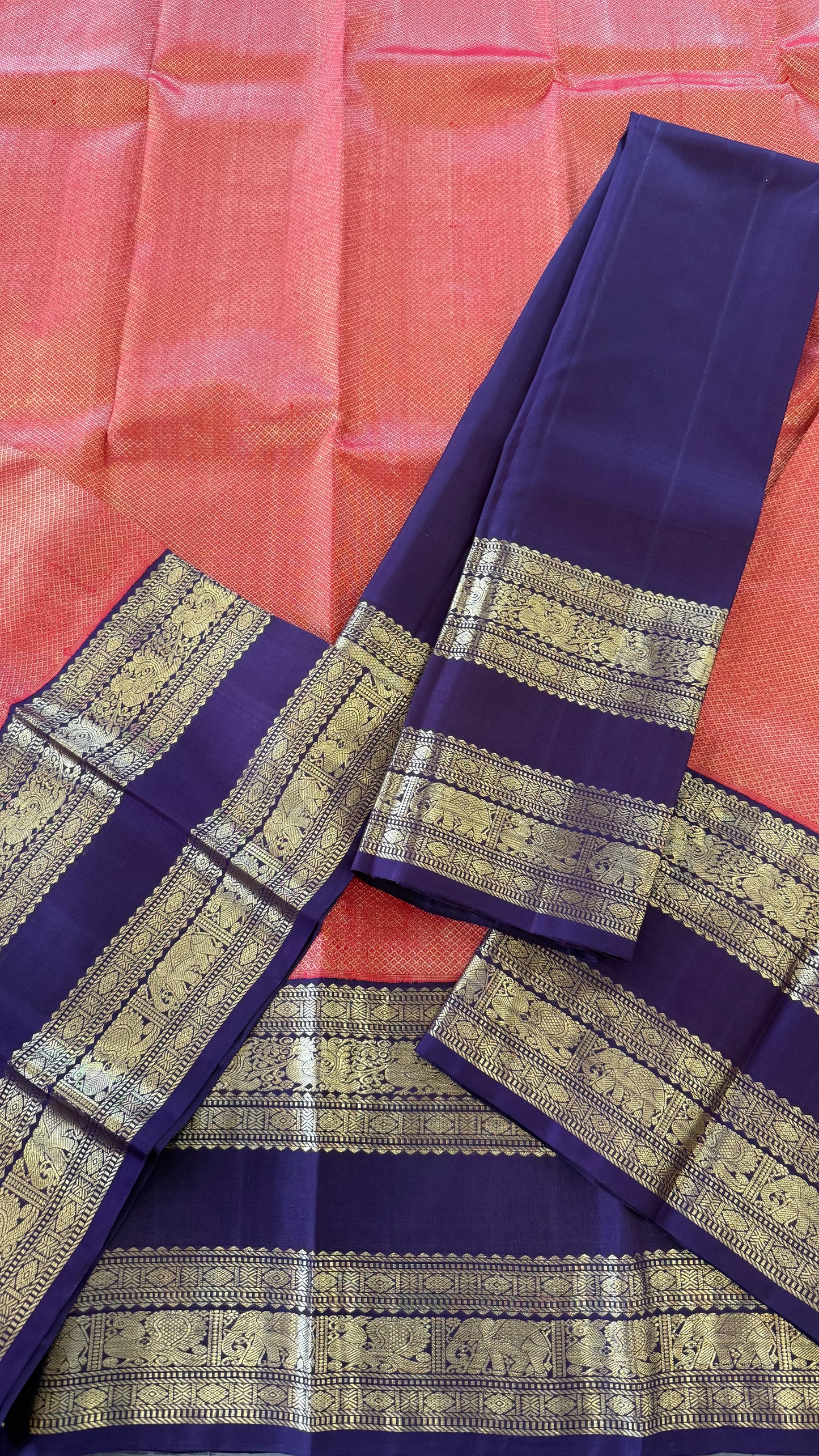 RUST ORANGE WITH CONTRAST DEEP PURPLE GOLD ZARI HANDLOOM KANICHIPURAM SILK SAREE (KSS139)