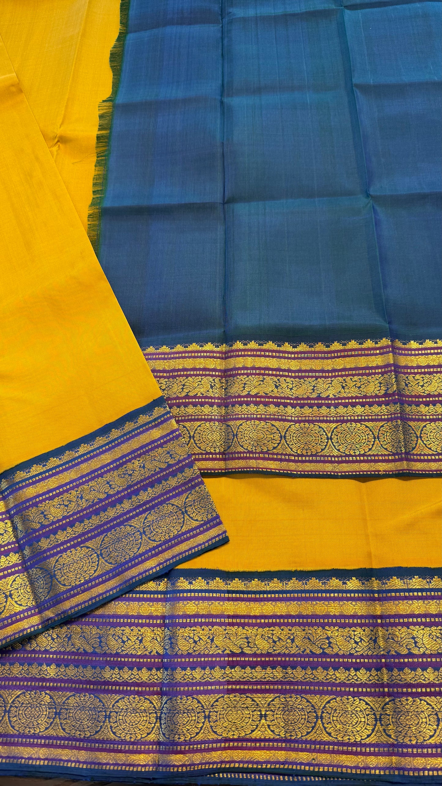 YELLOW WITH CONTRAST WITH PEACOCK BLUE BORDER PURE HANDLOOM KANCHIPURAM SILK SAREE (KSS492