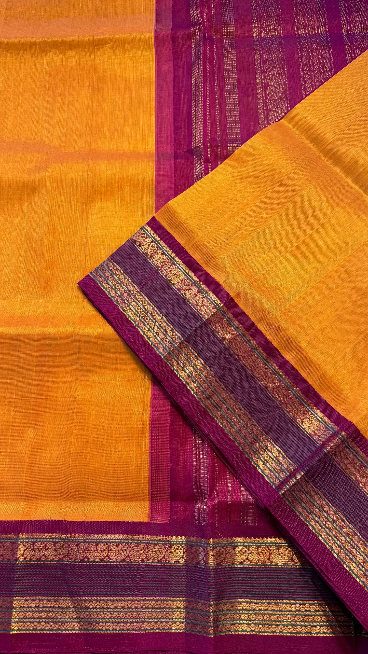 MUSTARD YELLOW WITH MAROON HANDLOOM KANCHIPURAM SILK COTTON (KSC107)