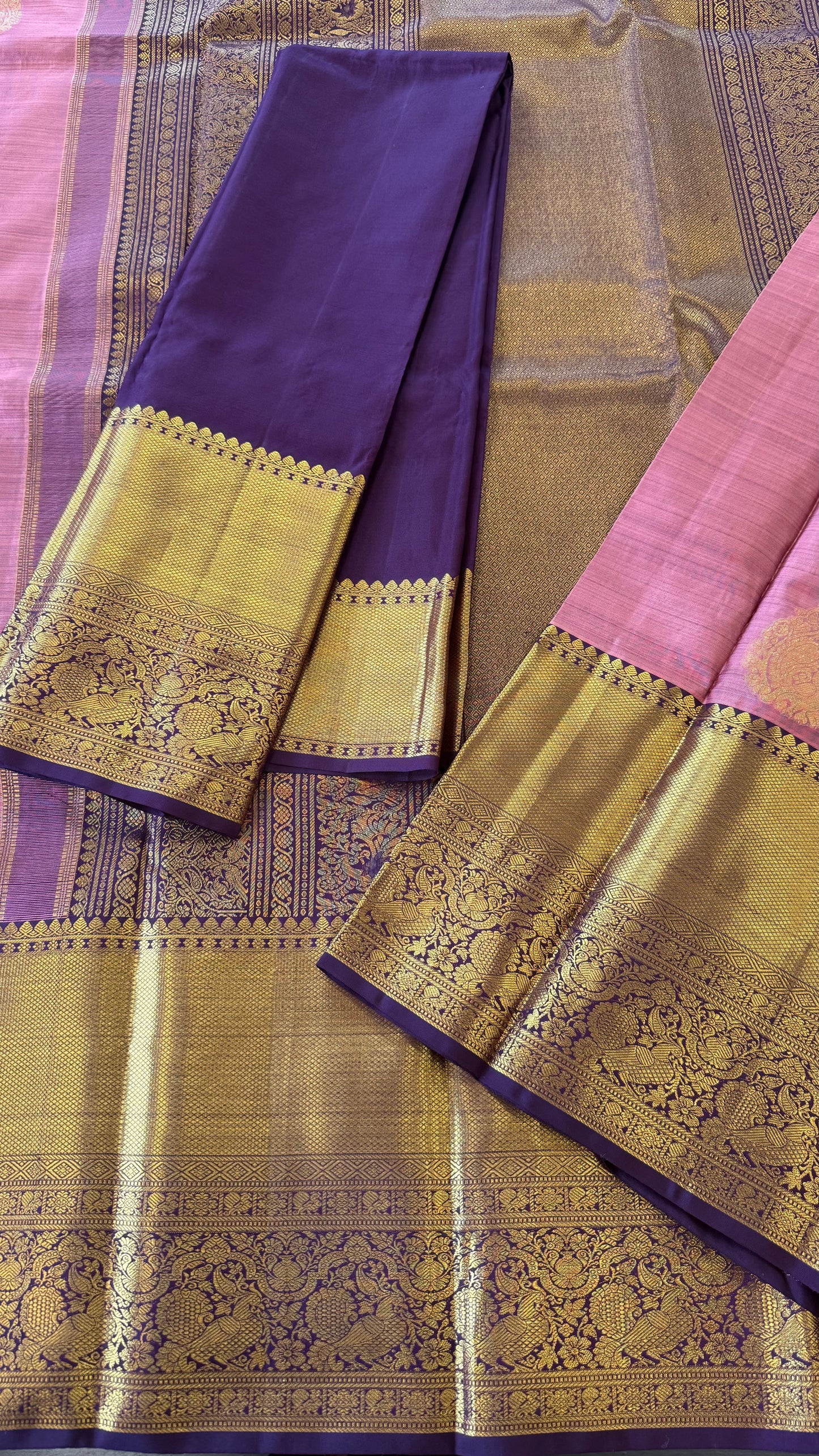 ROSE GOLD WITH CONTARST DARK BYZANTIUM GOLD ZARI HANDLOOM KANICHIPURAM SILK SAREE (KSS58)
