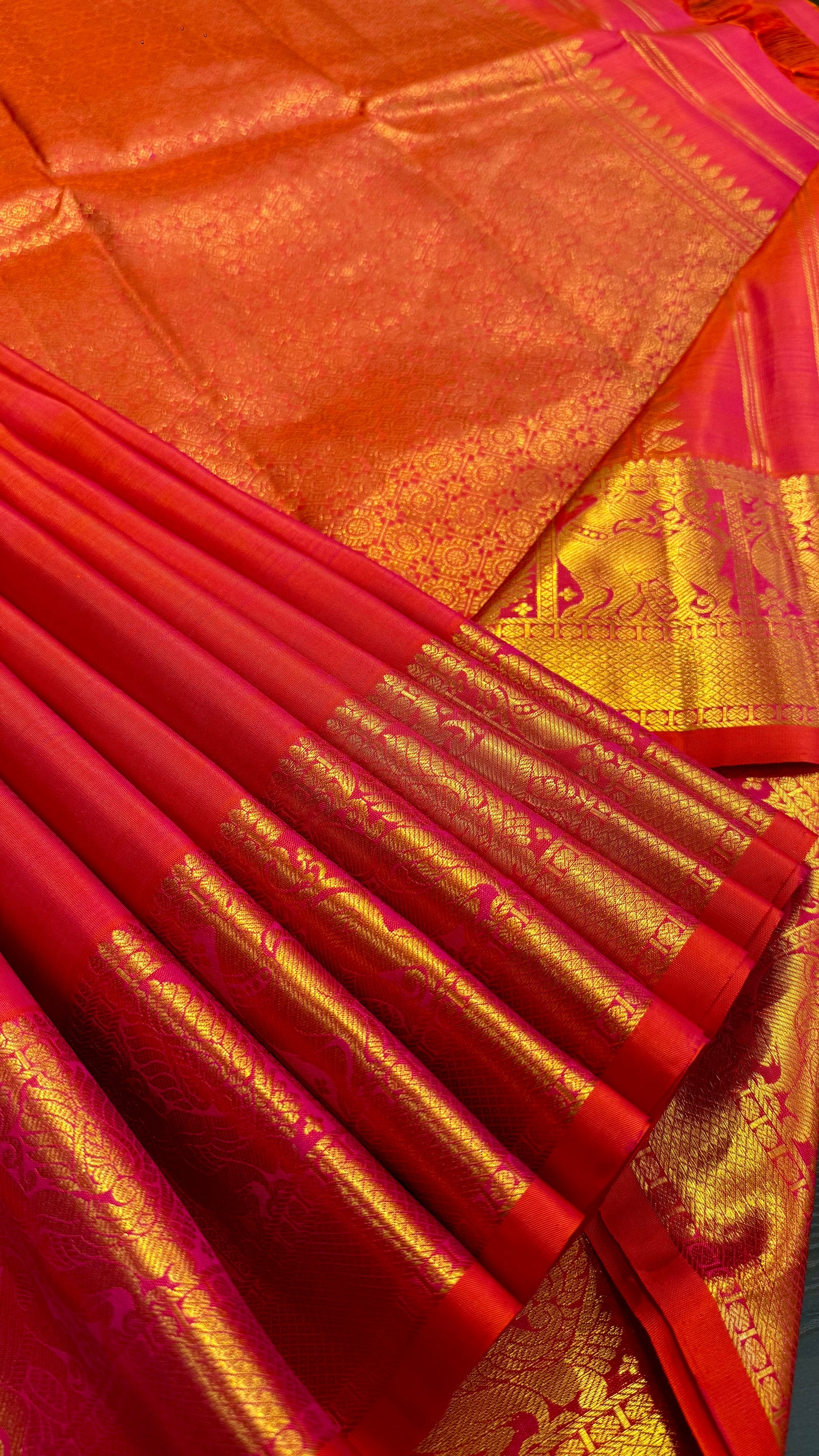 DUAL TONE RANI PINK & KANAKAMBARAM ORANGE PURE KANICHIPURAM HANDLOOM SILK SAREE (KSS04)