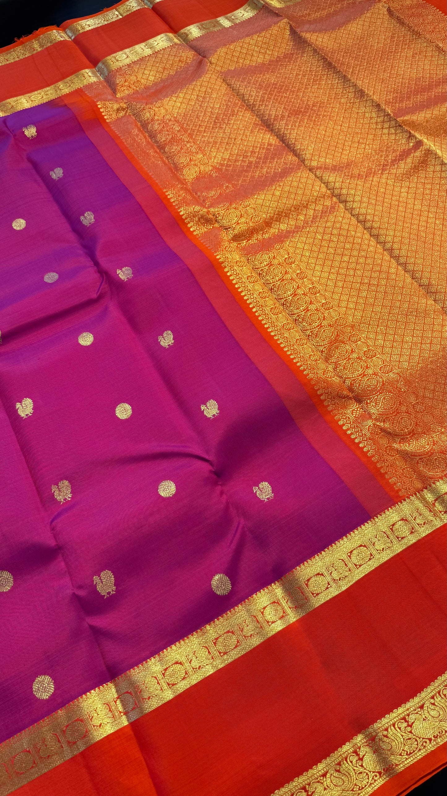 VADAMALLI PURPLE WITH CONTRAST ORANGE GOLD ZARI HANDLOOM KANCHIPURAM SILK SAREE (KSS419)