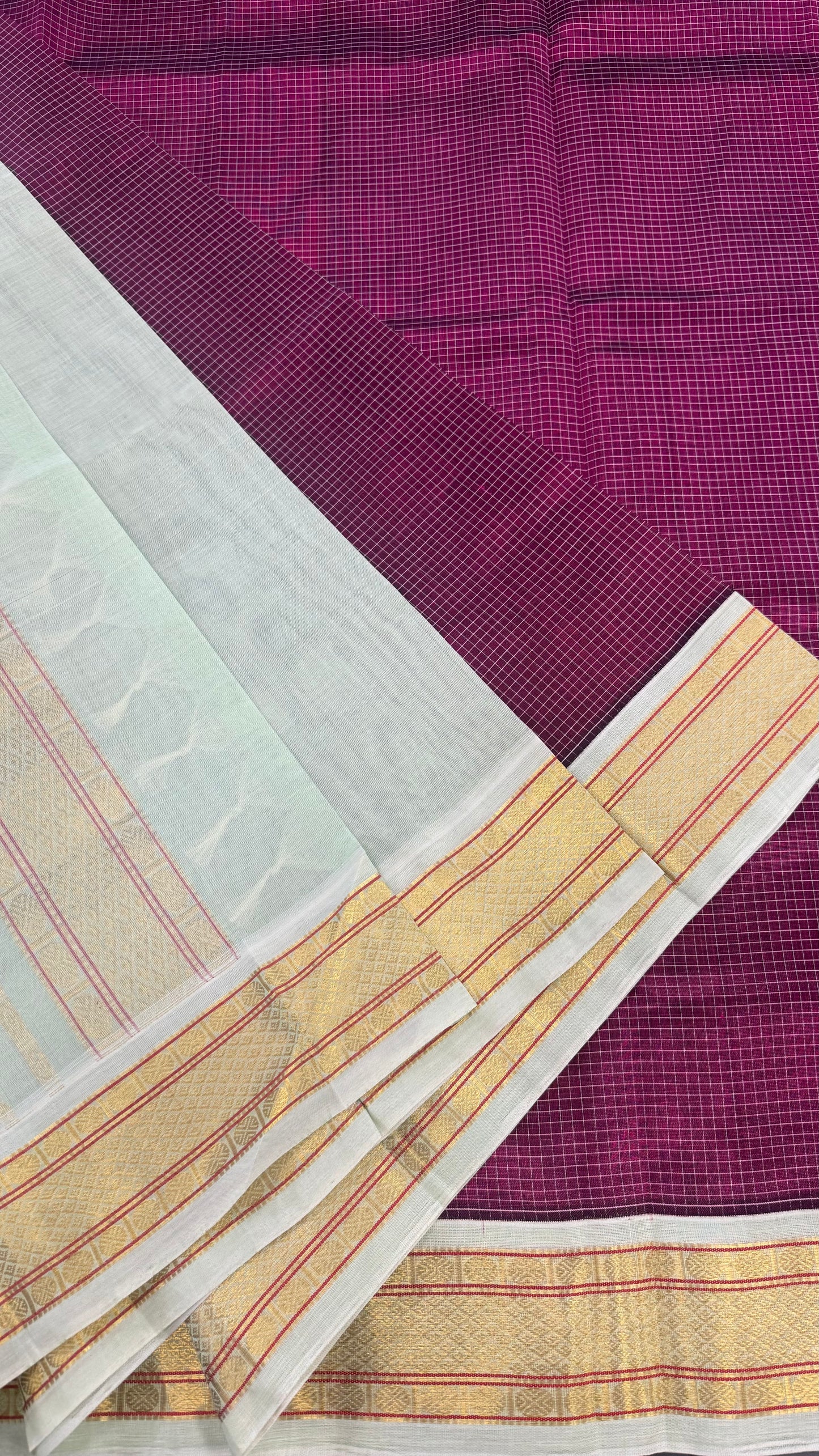 CHECKED PURPLE WITH CONTRAST CREAM KANCHIPURAM SILK COTTON (KSC77)