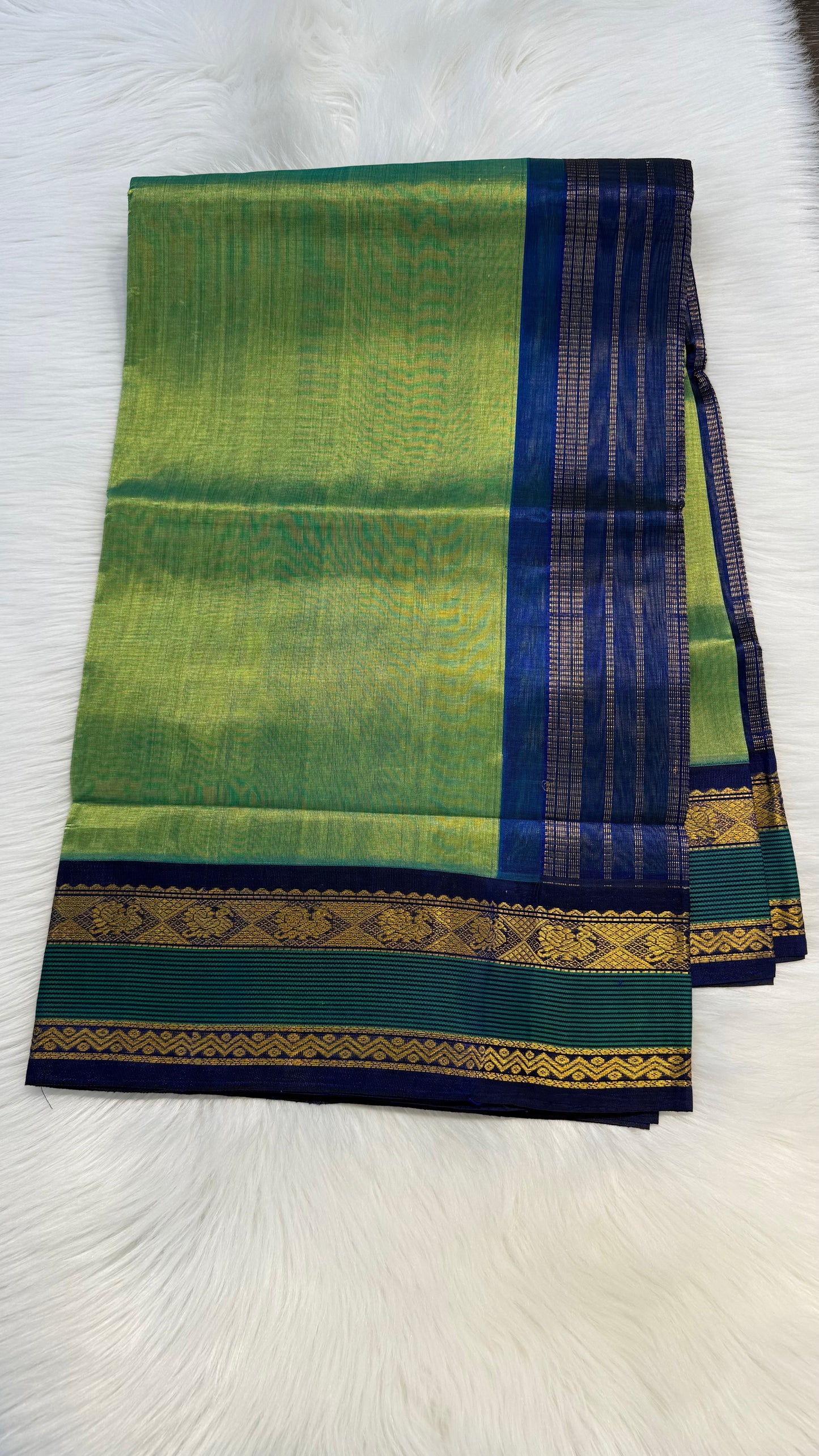 PARROT GREEN WITH DUAL TONE BLUE HANDLOOM KANCHIPURAM SILK COTTON (KSC13)
