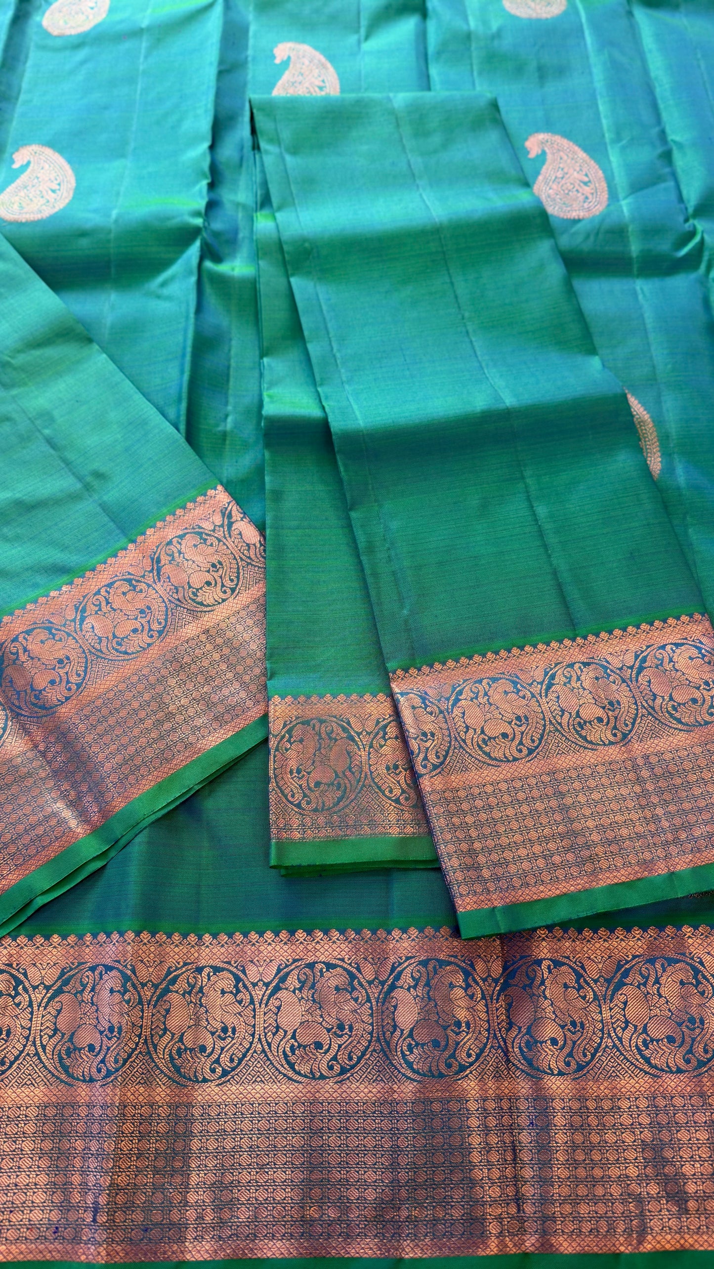 DUAL TONE PEACOCK BLUE ROSE GOLD ZARI HANDLOOM PURE KANICHIPURAM SILK SAREE (KSS231)