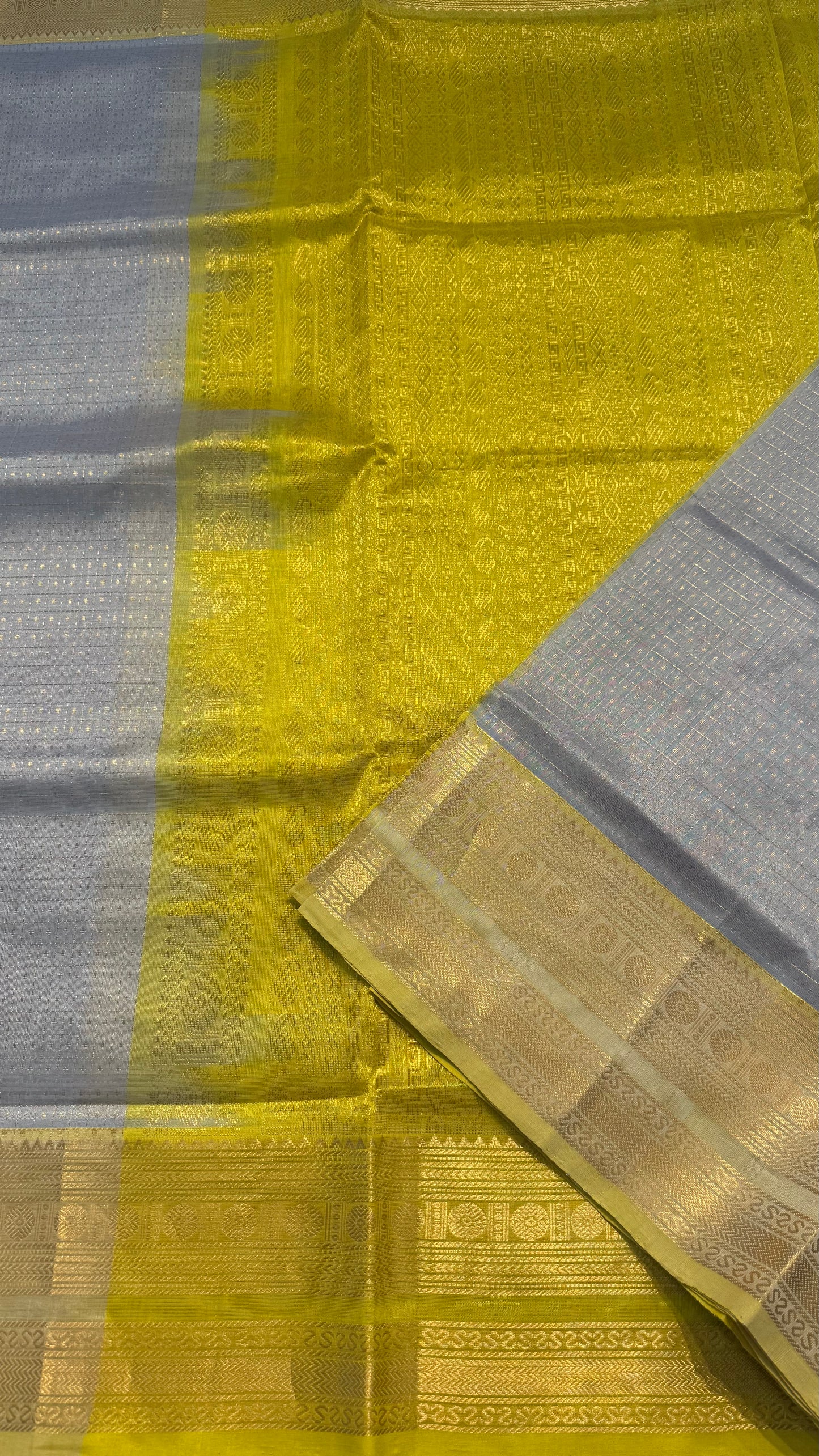LAKSHA DEEPAM ASH GREY WITH YELLOW HANDLOOM KANCHIPURAM SILK COTTON (KSC56)