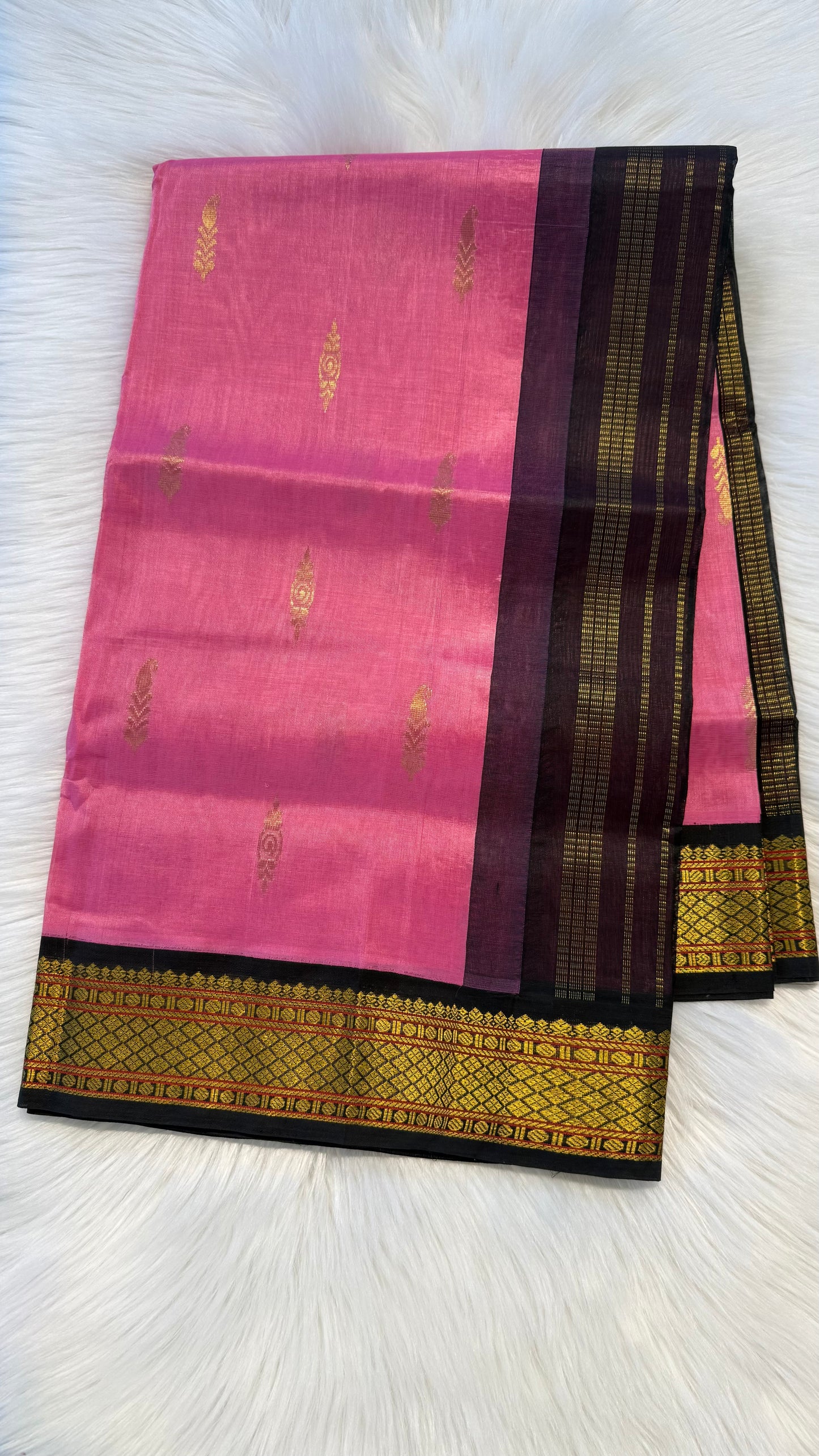 PINK WITH CONTRAST BLACK KANCHIPURAM SILK COTTON SAREE (KSC09)