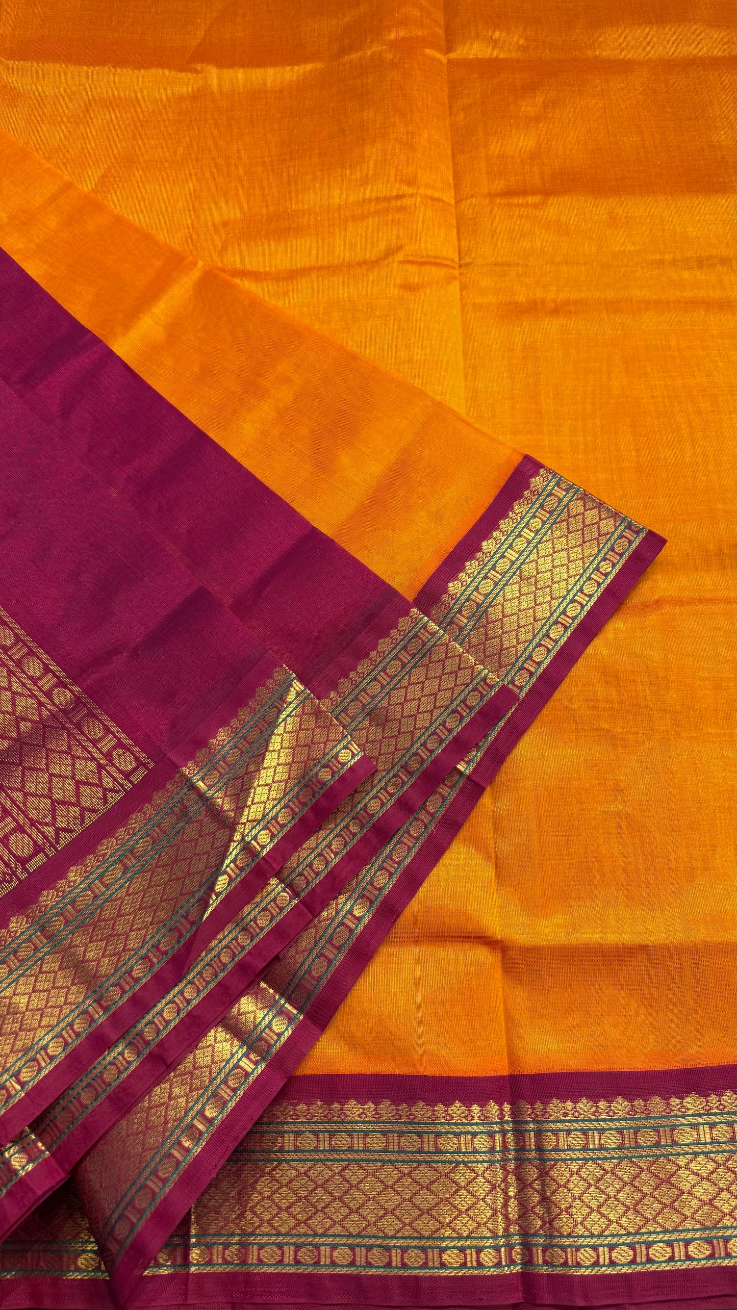 MANGO ORANGE WITH PINK MAROON HANDLOOM KANCHIPURAM SILK COTTON (KSC100)