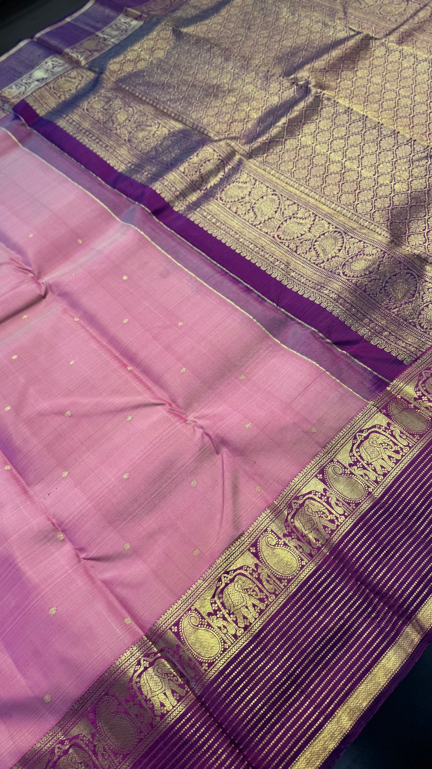 DUAL TONE PASTEL PINK WITH VADAMALLI PURPLE GOLD ZARI HANDLOOM KANICHIPURAM SILK SAREE (KSS244)