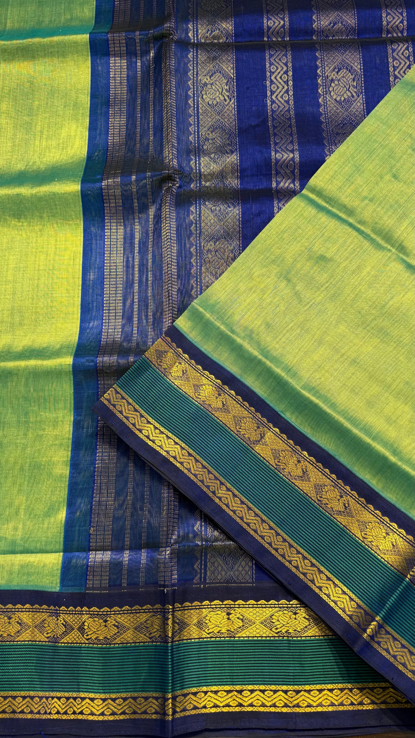 PARROT GREEN WITH DUAL TONE BLUE HANDLOOM KANCHIPURAM SILK COTTON (KSC13)