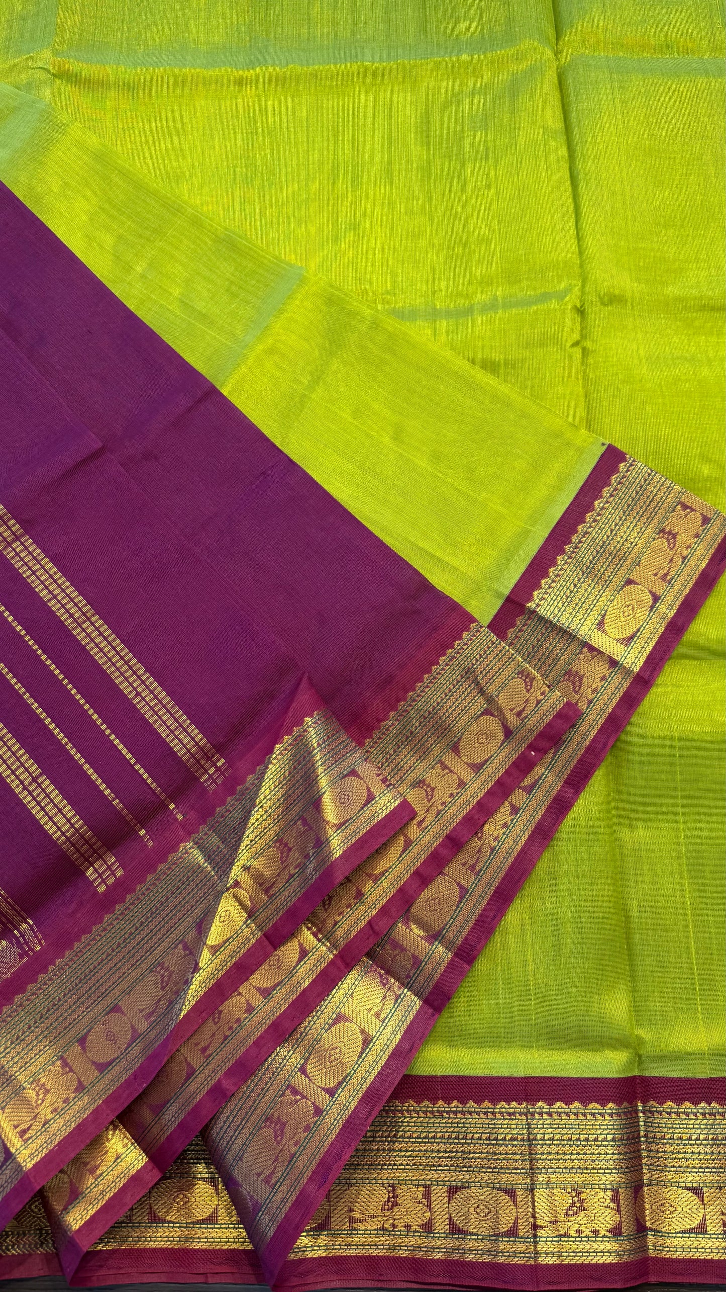 LIME GREEN WITH DARK MAROON HANDLOOM KANCHIPURAM SILK COTTON (KSC97)
