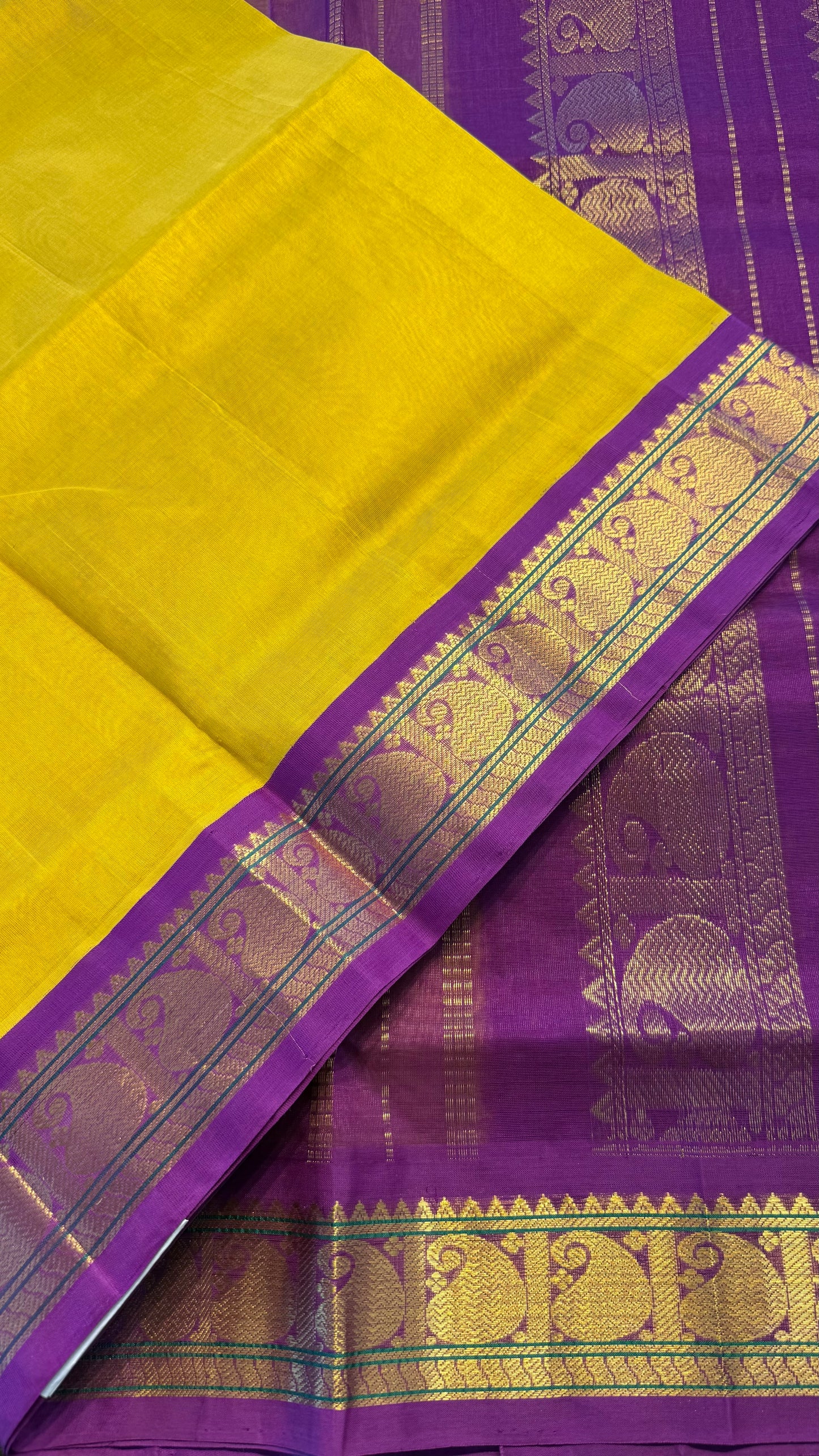 YELLOW WITH PURPLE HANDLOOM KANCHIPURAM SILK COTTON (KSC101)