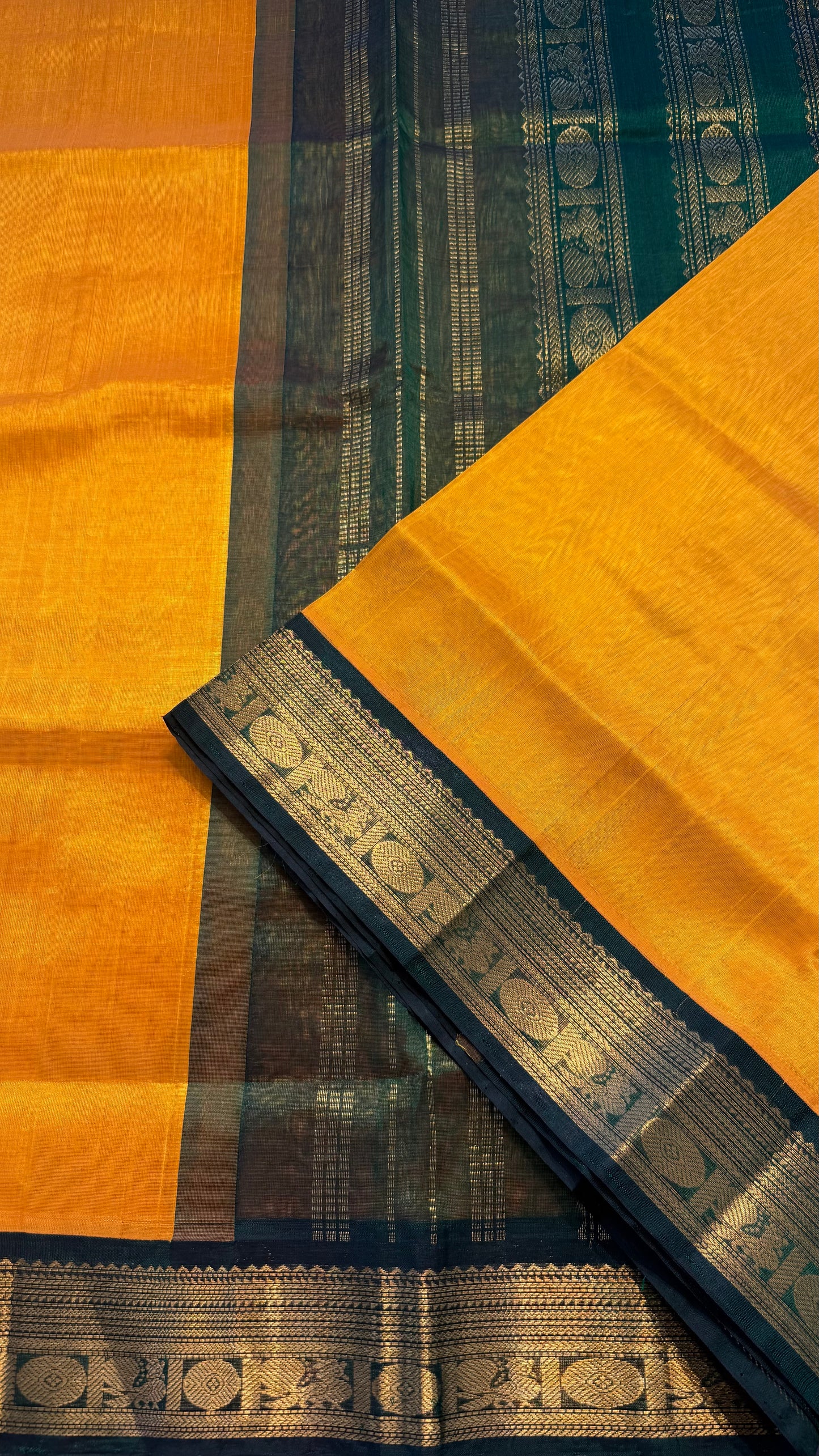 YELLOW WITH CONTRAST GREEN KANCHIPURAM SILK COTTON (KSC65)