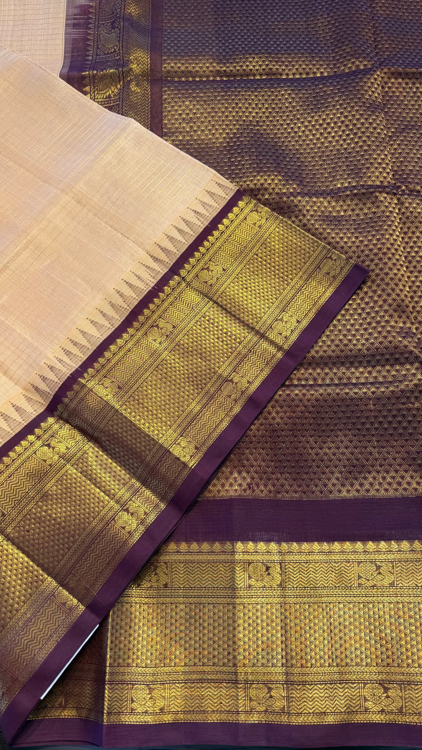 CHECKED PEACH WITH DARK PURPLE HANDLOOM KANCHIPURAM SILK COTTON (KSC142)