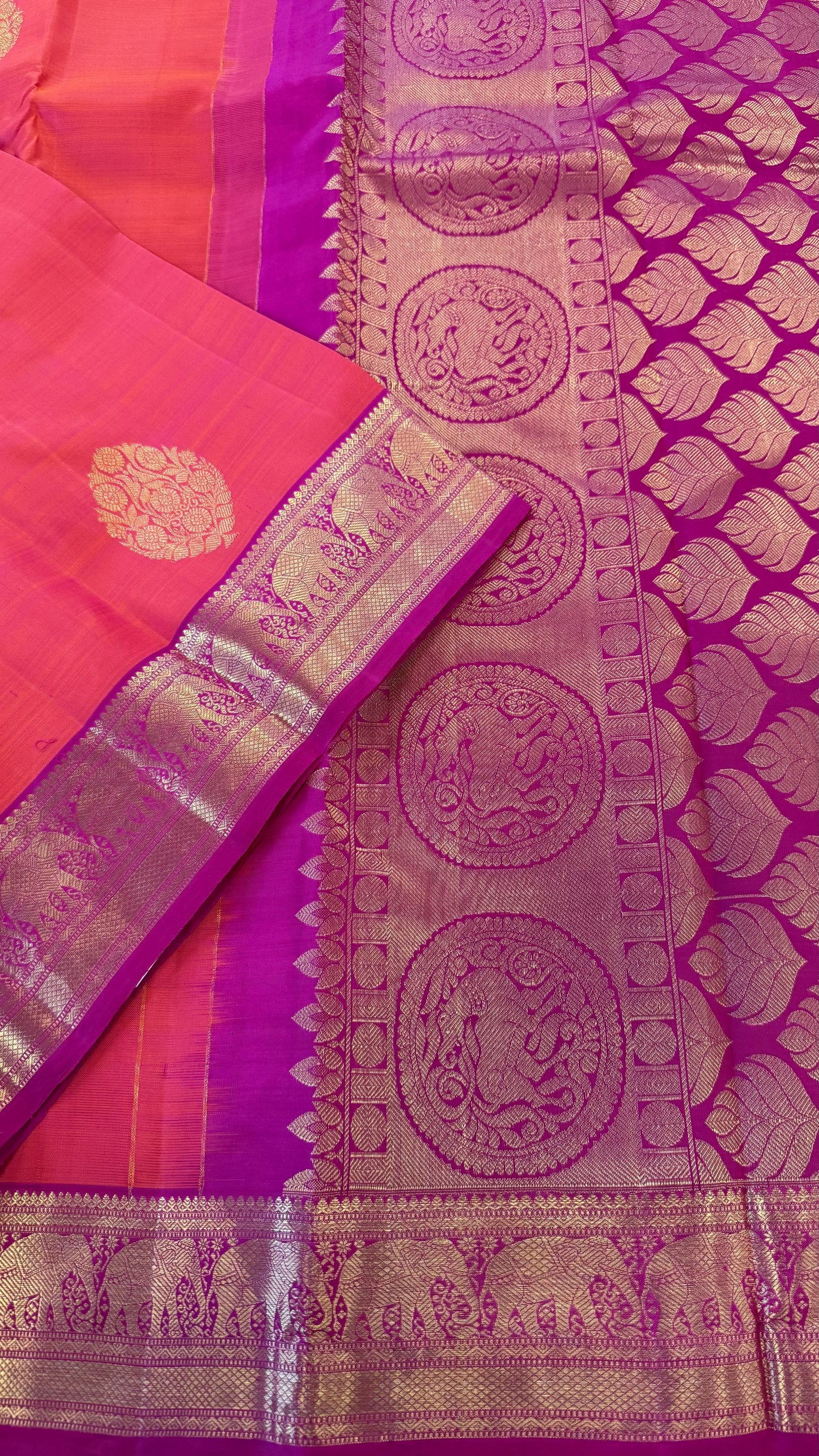 DUAL TONE ORANGE PINK GOLD ZARI HANDLOOM KANICHIPURAM SILK SAREE (KSS209)