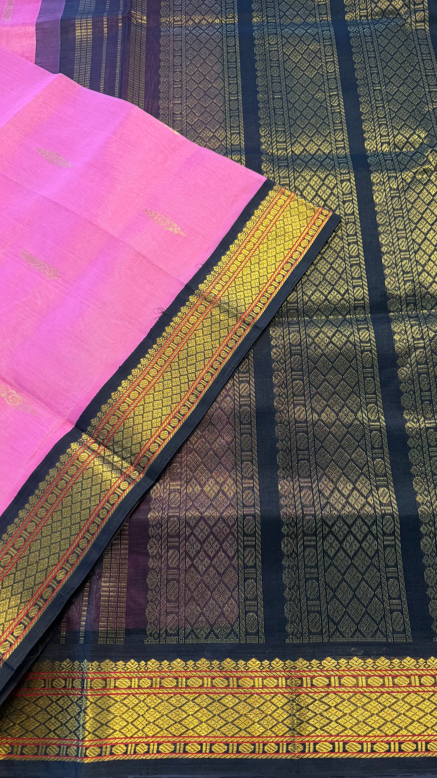 PINK WITH CONTRAST BLACK KANCHIPURAM SILK COTTON SAREE (KSC09)