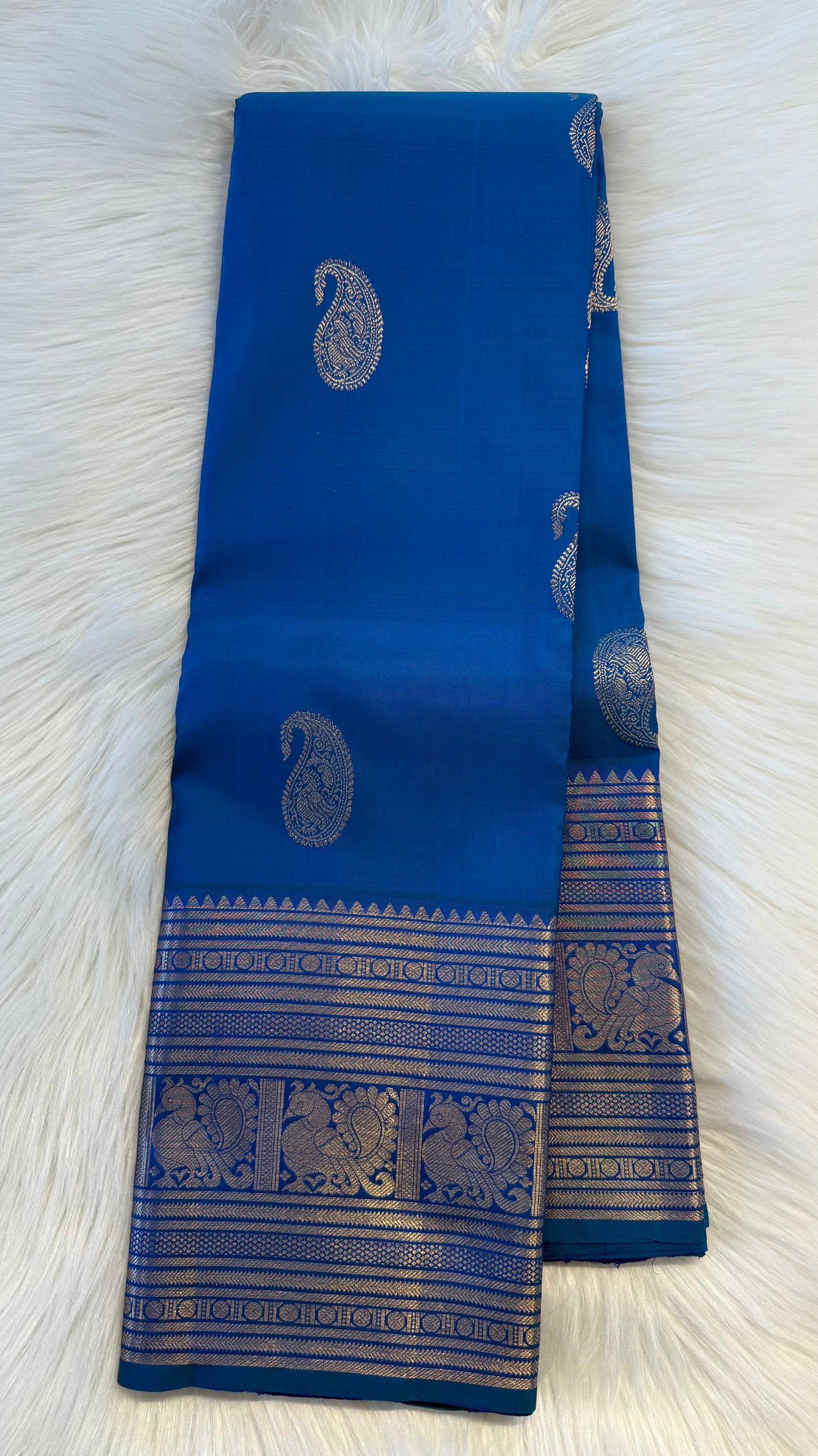 PEACOCK BLUE GOLD ZARI HANDLOOM KANCHIPURAM SILK SAREE (KSS303)