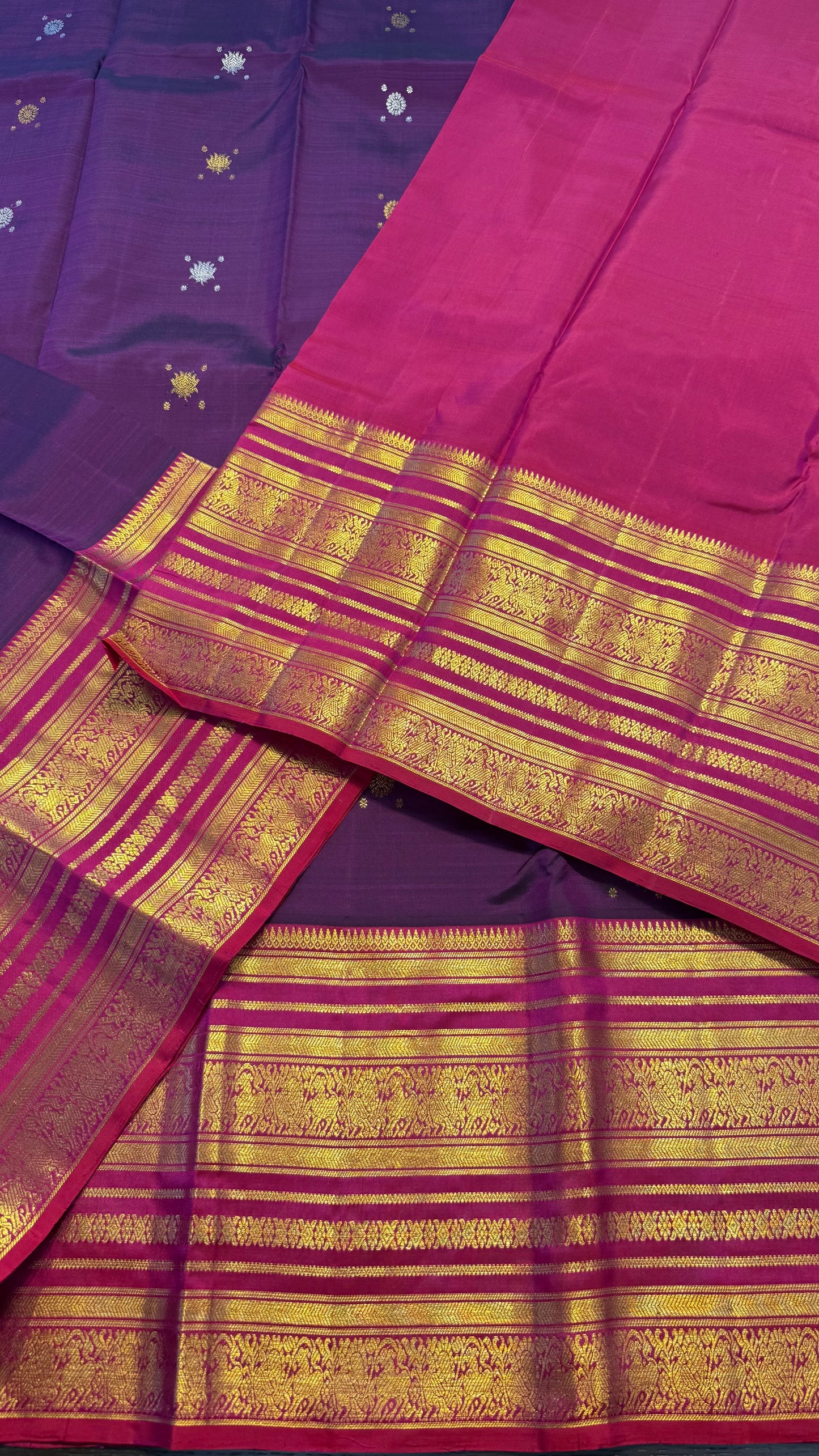 ROYAL PURPLE WITH CONTRAST VADAMALI PURPLE BORDER GOLD ZARI HANDLOOM KANICHIPURAM SILK SAREE (KSS131)