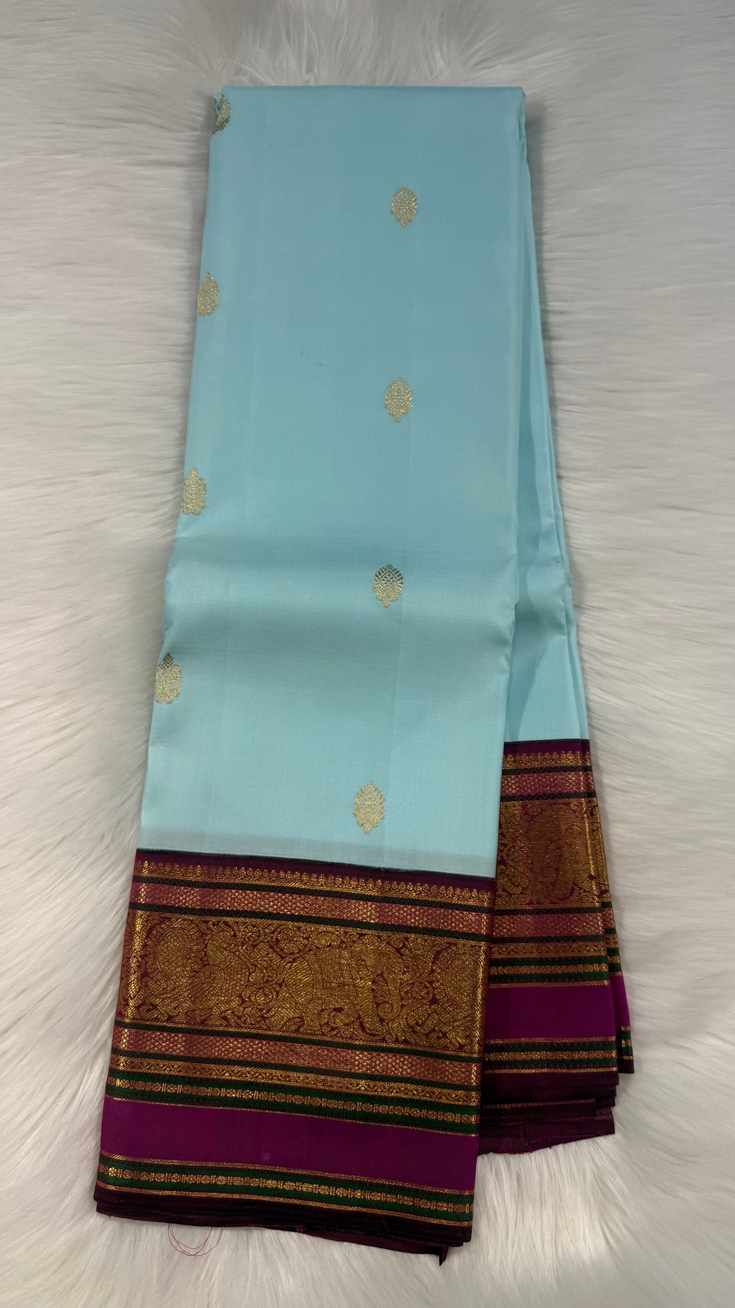 SKY BLUE WITH CONTRAST VADAMALLI PURPLE GOLD ZARI HANDLOOM KANCHIPURAM SILK SAREE (KSS296)