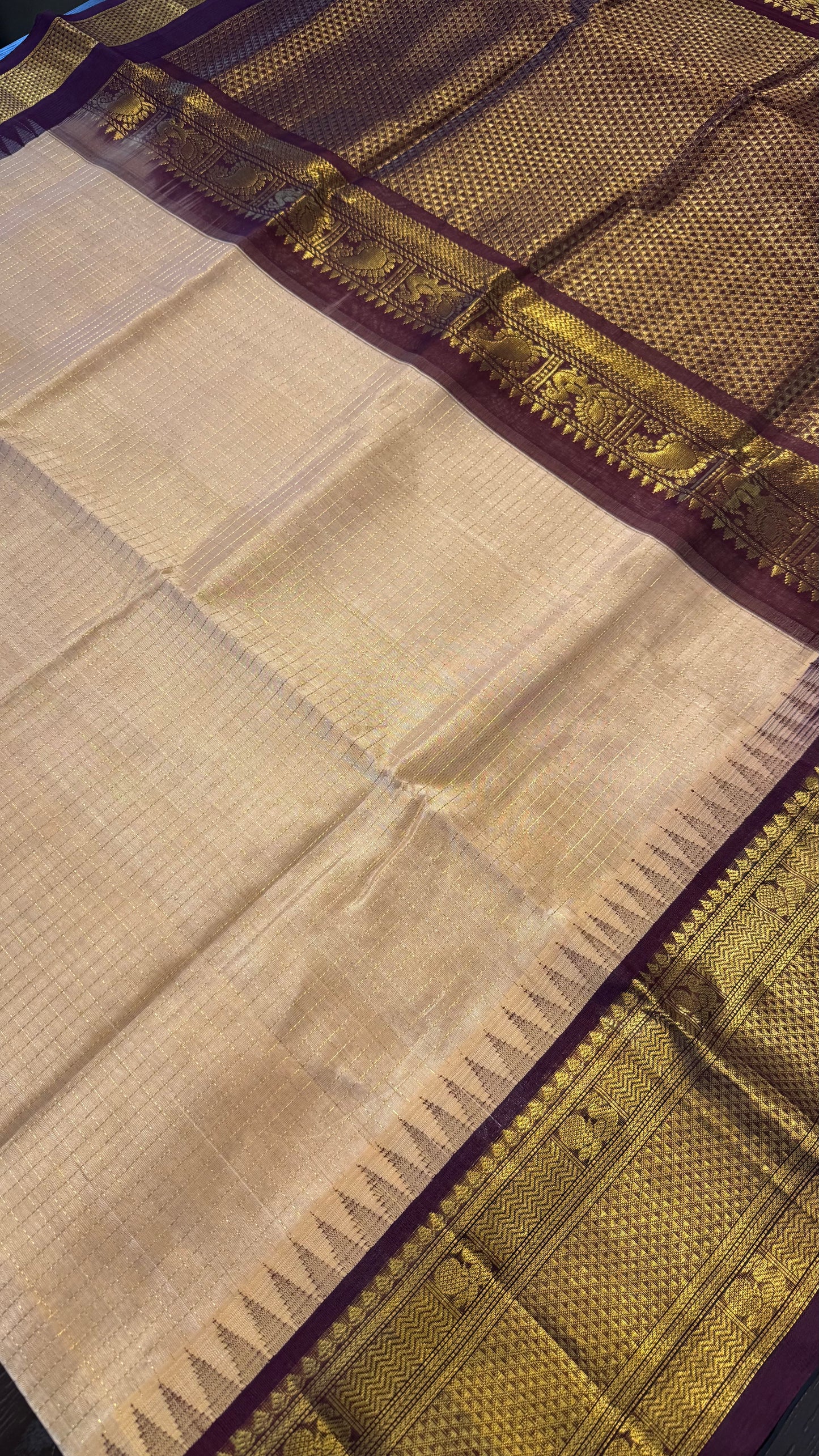 CHECKED PEACH WITH DARK PURPLE HANDLOOM KANCHIPURAM SILK COTTON (KSC142)