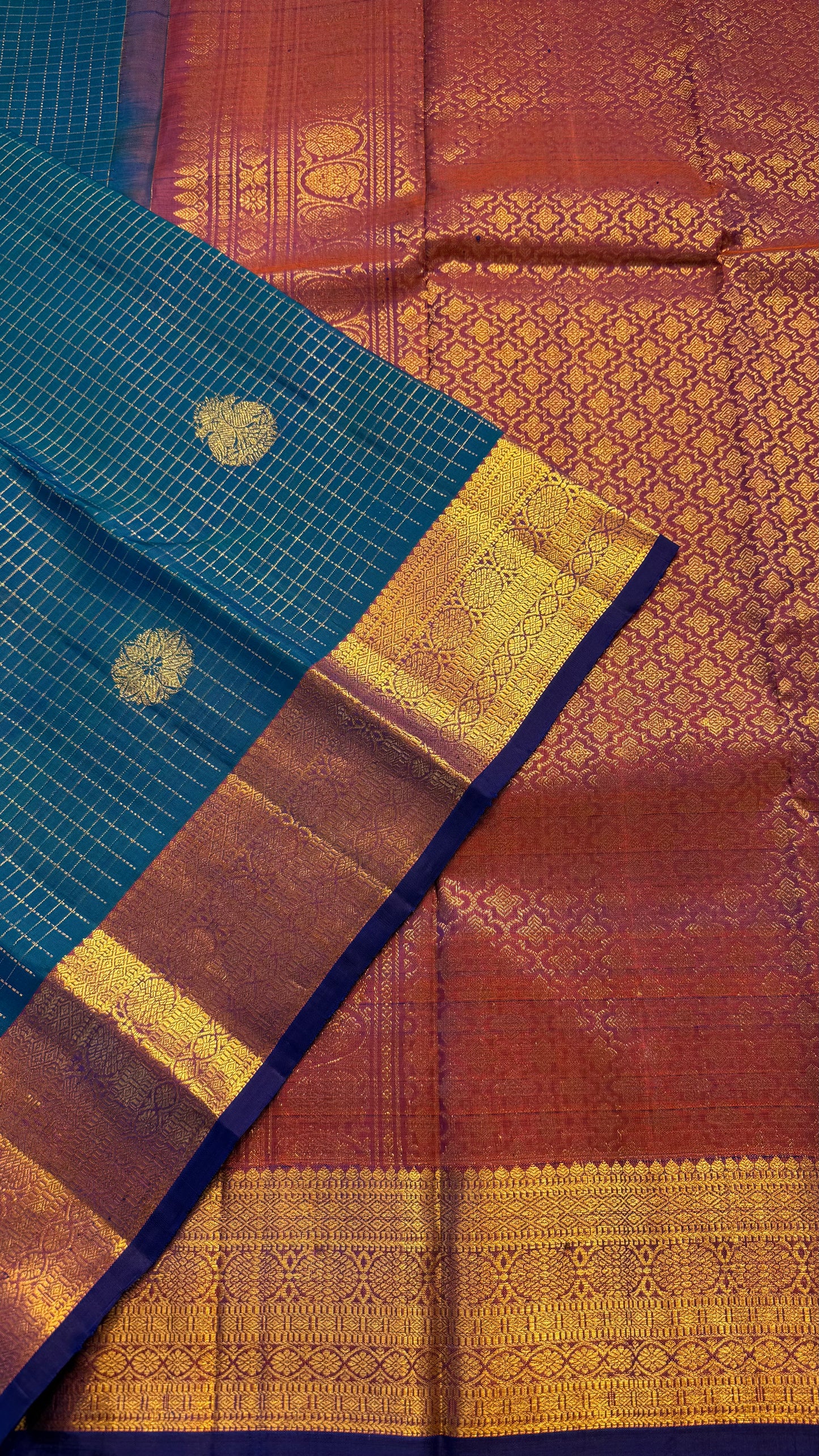 PEACOCK BLUE CONTRAST PURPLE GOLD ZARI HANDLOOM KANCHIPURAM SILK SAREE (KSS435)