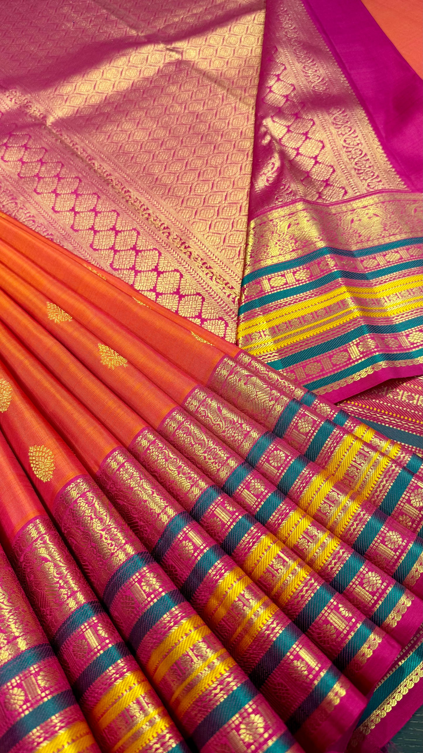 KANAKAMBARAM PINK WITH CONTRAST RANI PINK, TEAL BLUE AND YELLOW BORDER HANDLOOM KANICHIPURAM SILK SAREE (KSS30)