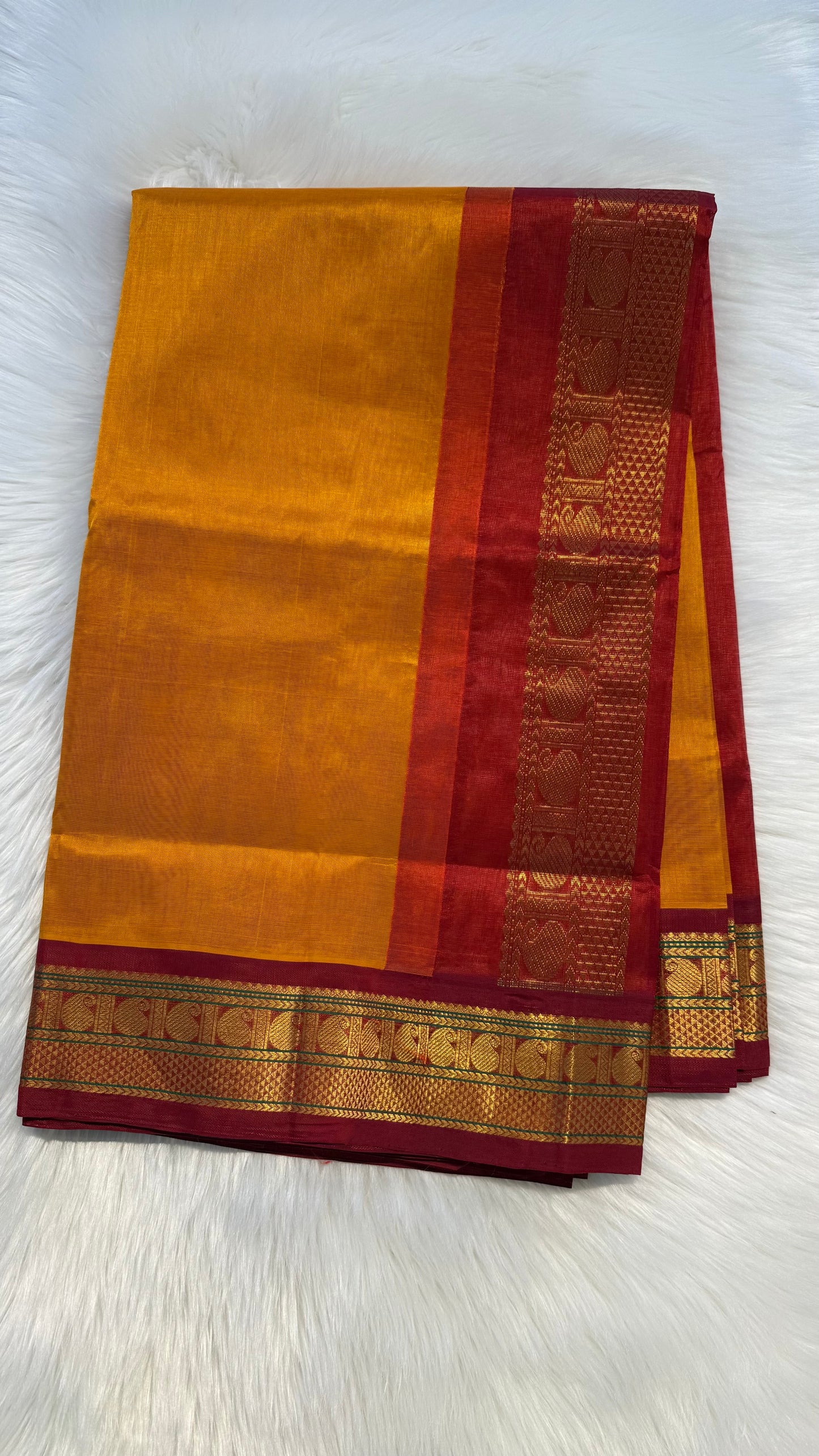 MANGO YELLOW WITH RED BORDER HANDLOOM KANCHIPURAM SILK COTTON (KSC66)