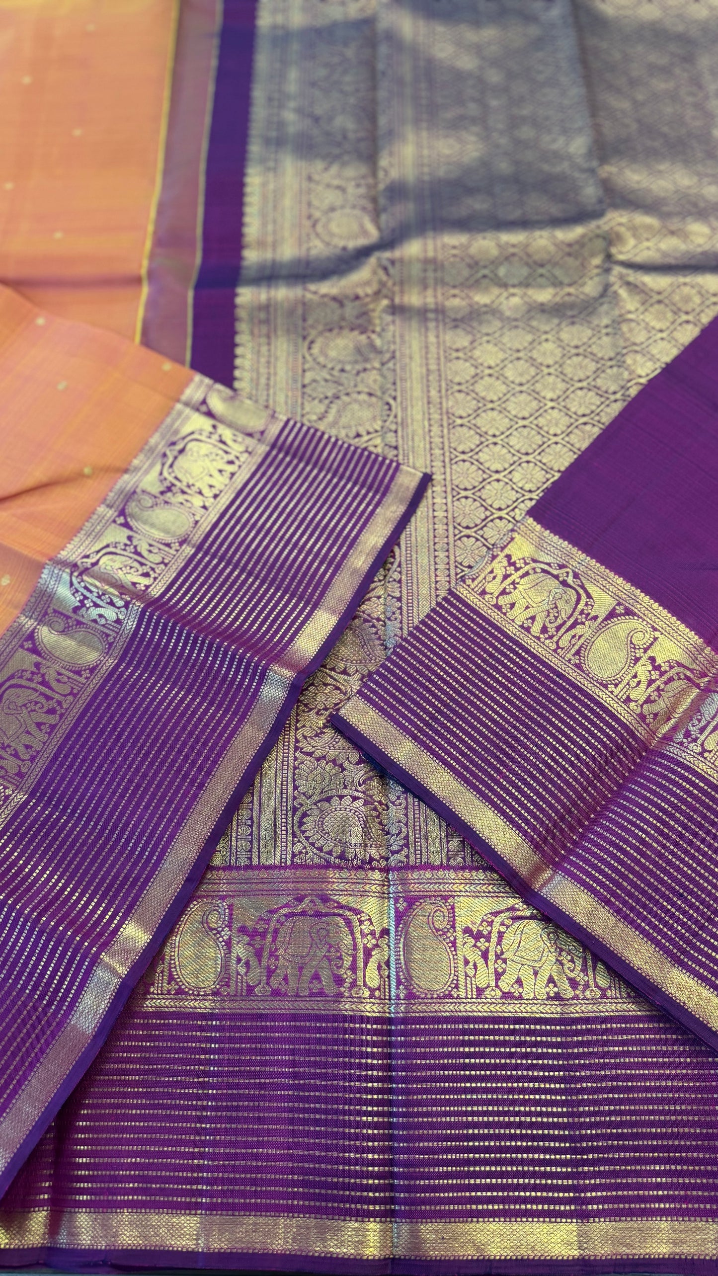 DUAL TONE ORANGE WITH PURPLE GOLD ZARI HANDLOOM KANICHIPURAM SILK SAREE (KSS245)