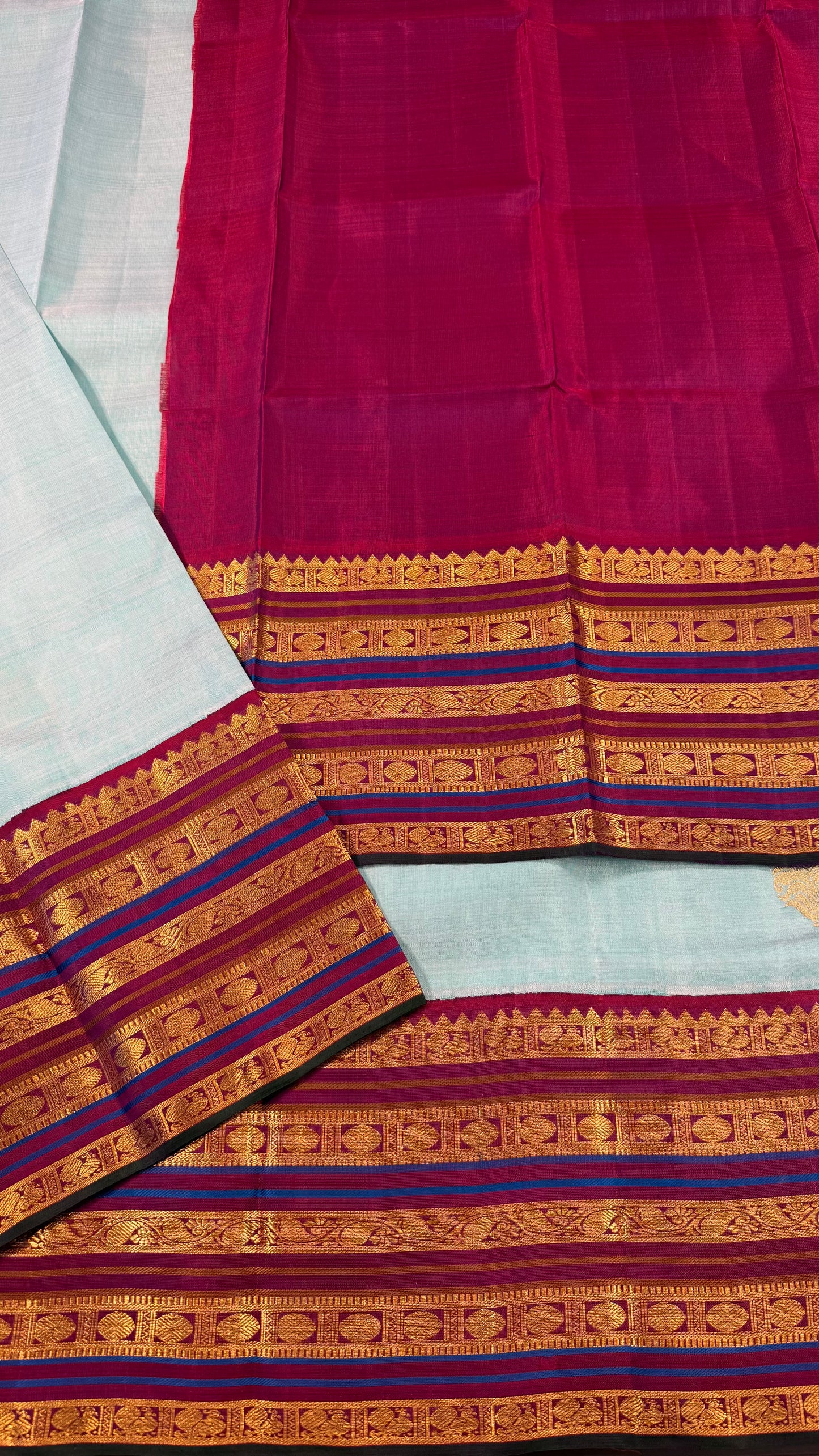 TURQUOISE BLUE WITH CONTRAST PURPLE GOLD ZARI HANDLOOM KANCHIPURAM SILK SAREE (KSS299)